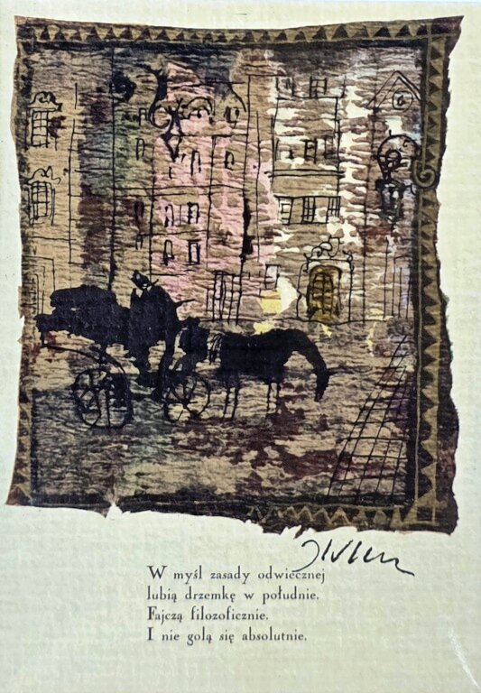 JÓZEF WILKOŃ 'Warszawscy dorożkarze, K.I. Gałczyńskiego', Pocztówka (sygnowana przez artystę)