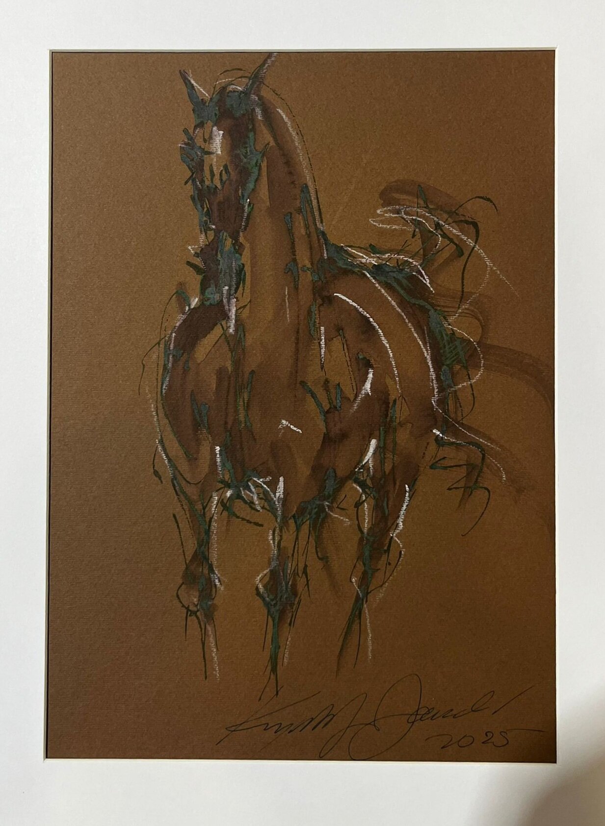 KRZYSZTOF JAROCKI 'Koń na brązowym', akwarela, tusz, papier, A4