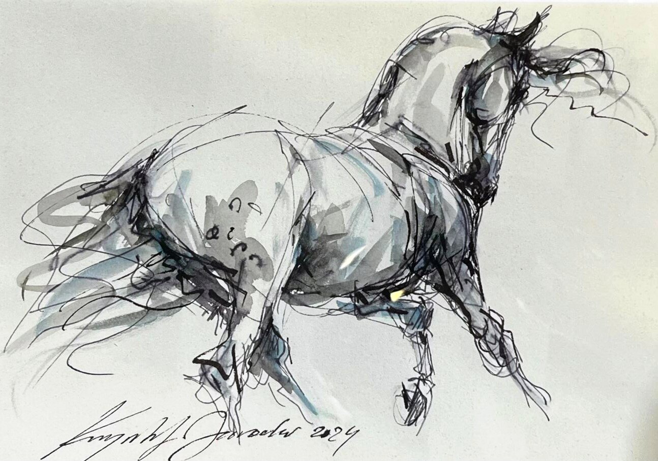 KRZYSZTOF JAROCKI 'Koń na prawo', akwarela, tusz, papier, A4