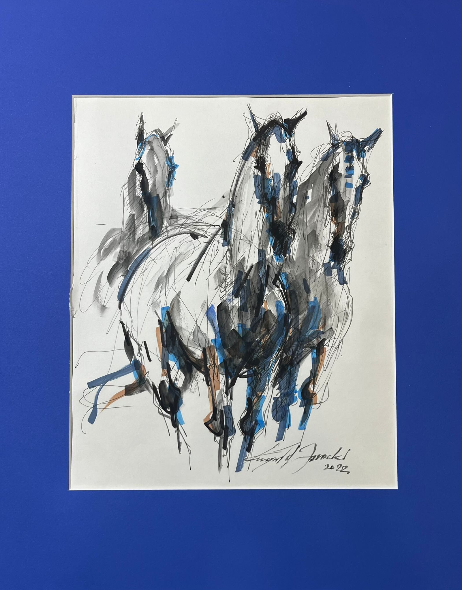 KRZYSZTOF JAROCKI 'Konie', akwarela, tusz, papier, 40x30cm