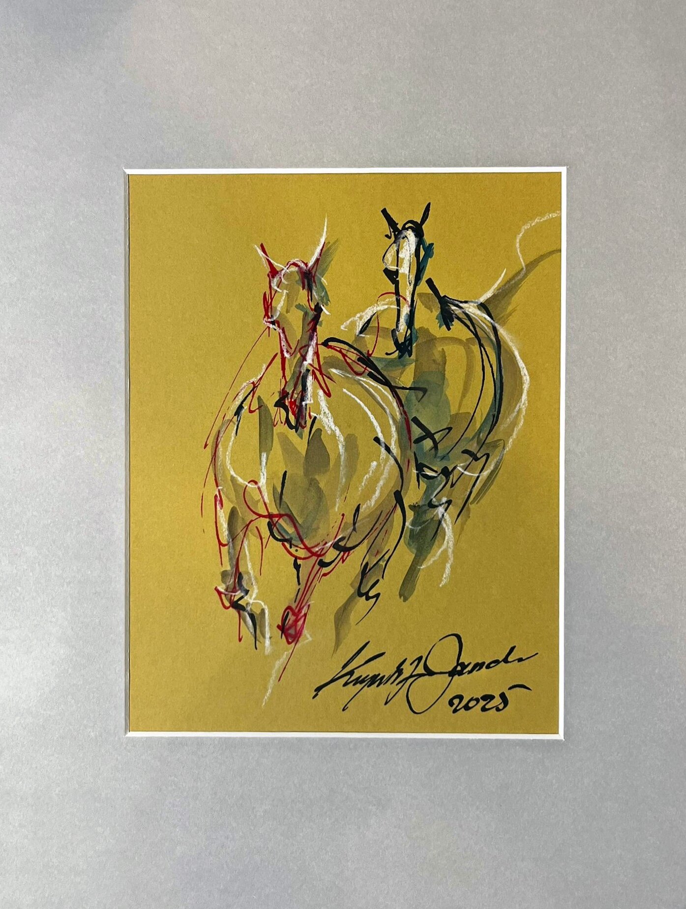 KRZYSZTOF JAROCKI 'Konie na żółtym', akwarela, tusz, papier, A4