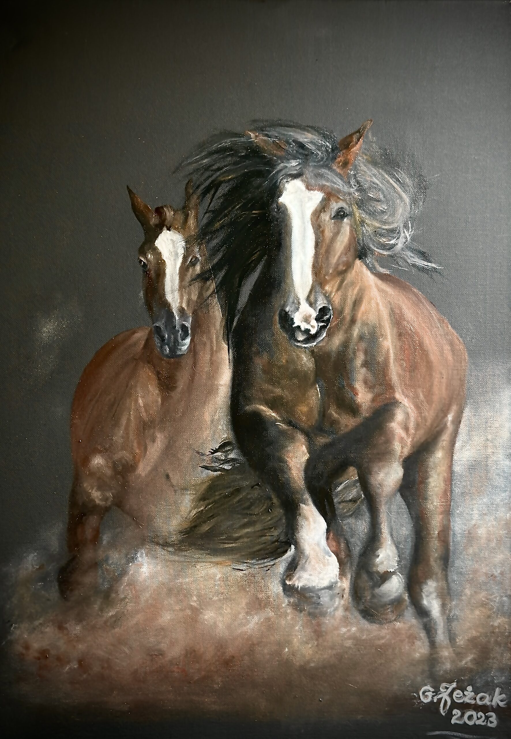 GRAŻYNA JEŻAK 'W galopie' olej, płótno, 60x70cm