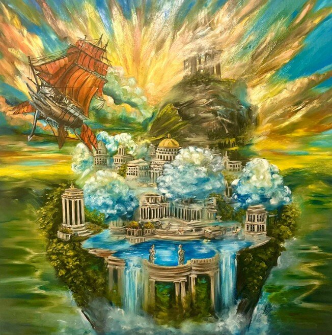 KINGA ZAWIDLAK 'Odkrywcy', olej, płótno, 100x100cm