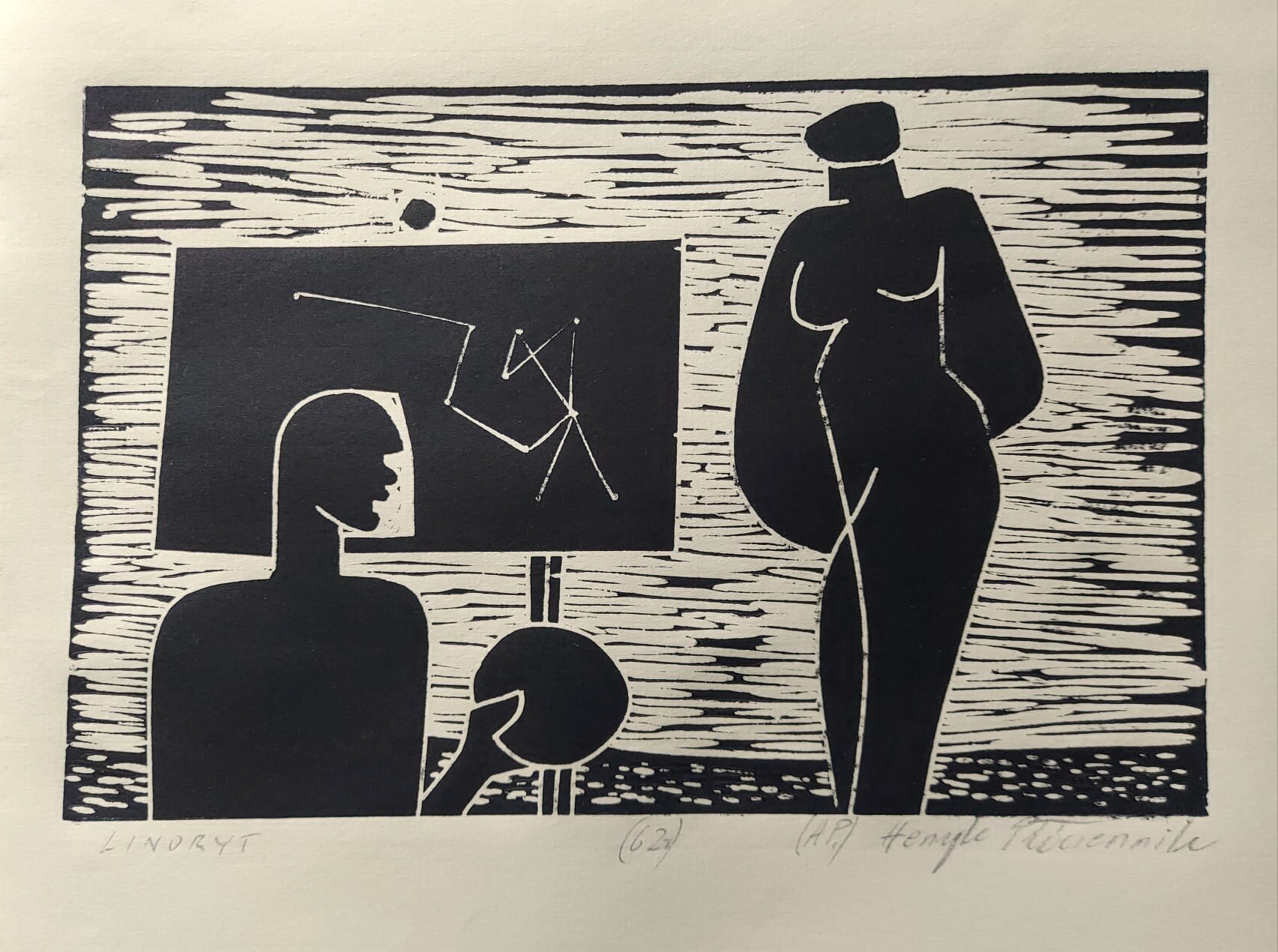 HENRYK PŁÓCIENNIK 'Malarz i modelka 1962 r.' linoryt, papier, 18x27cm