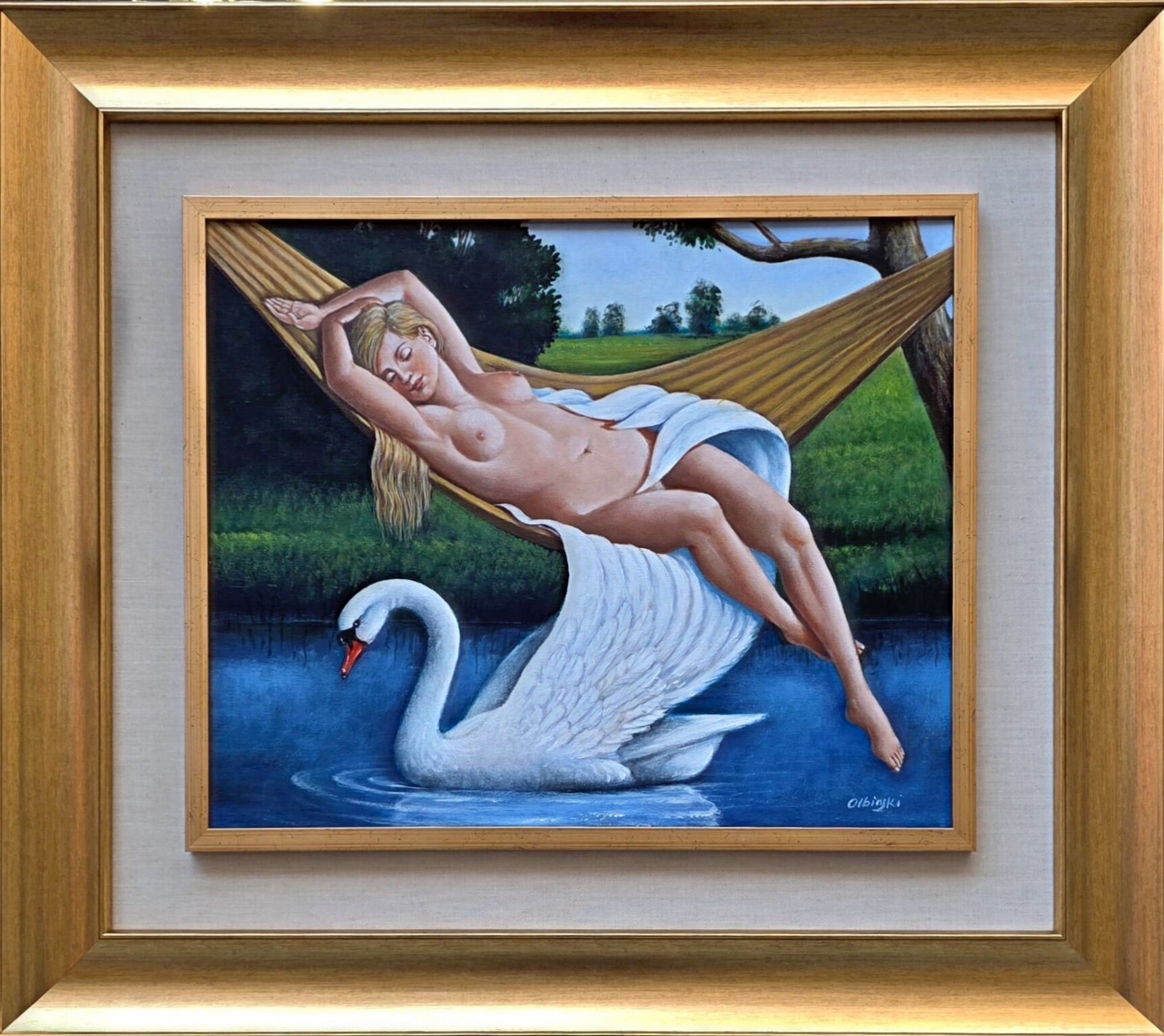 RAFAŁ OLBIŃSKI 'Leda after the sin' olej, akryl, płótno, 41x50cm