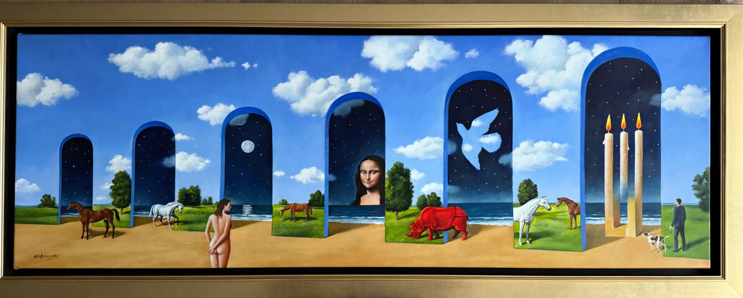 RAFAŁ OLBIŃSKI 'Six degrees of separation' olej, akryl, płótno, 43x126cm