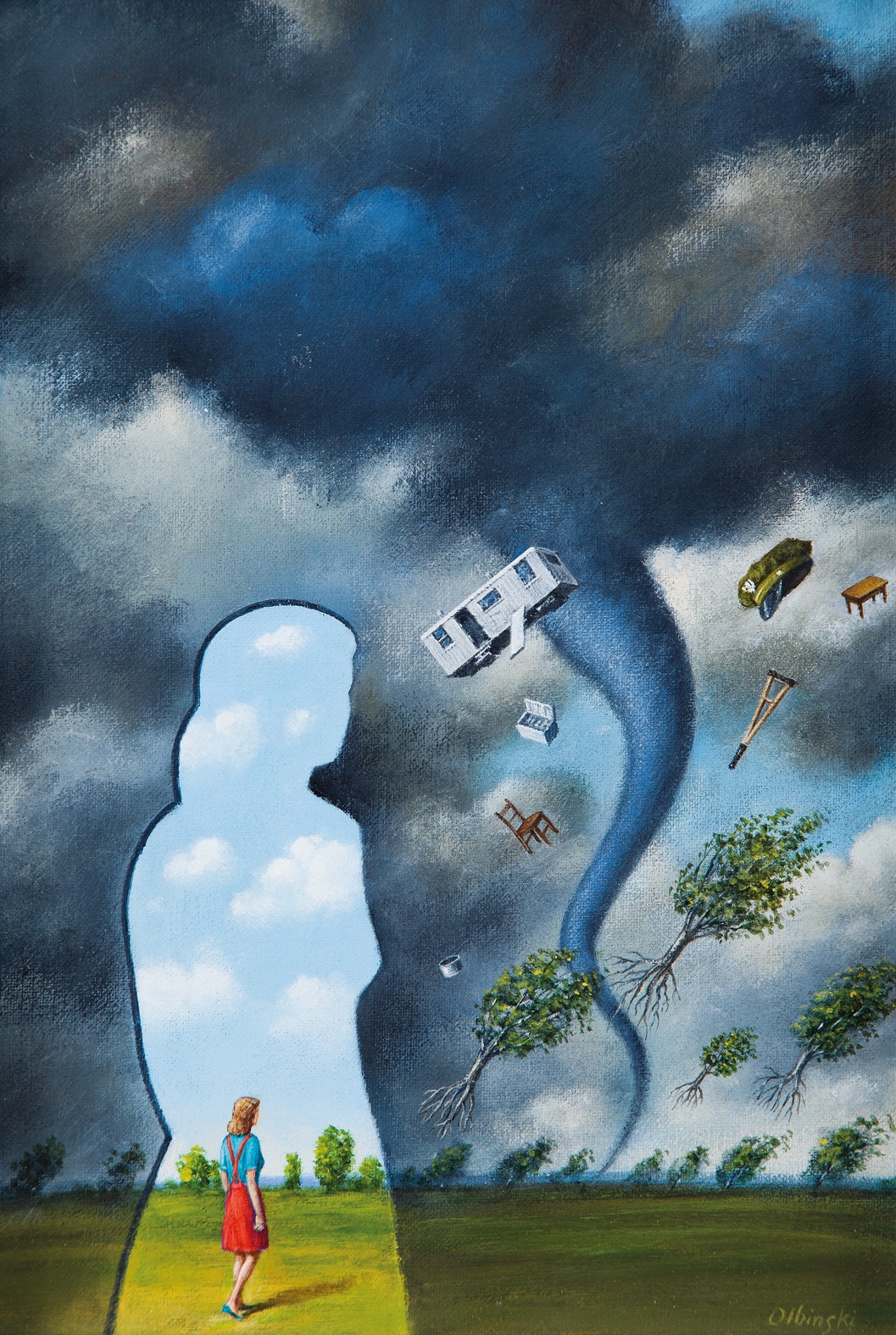 RAFAŁ OLBIŃSKI 'Tornado' 1998, Projekt okładki książkowej olej, akryl, płótno, 37,5x25,5cm (obraz katalogowany)