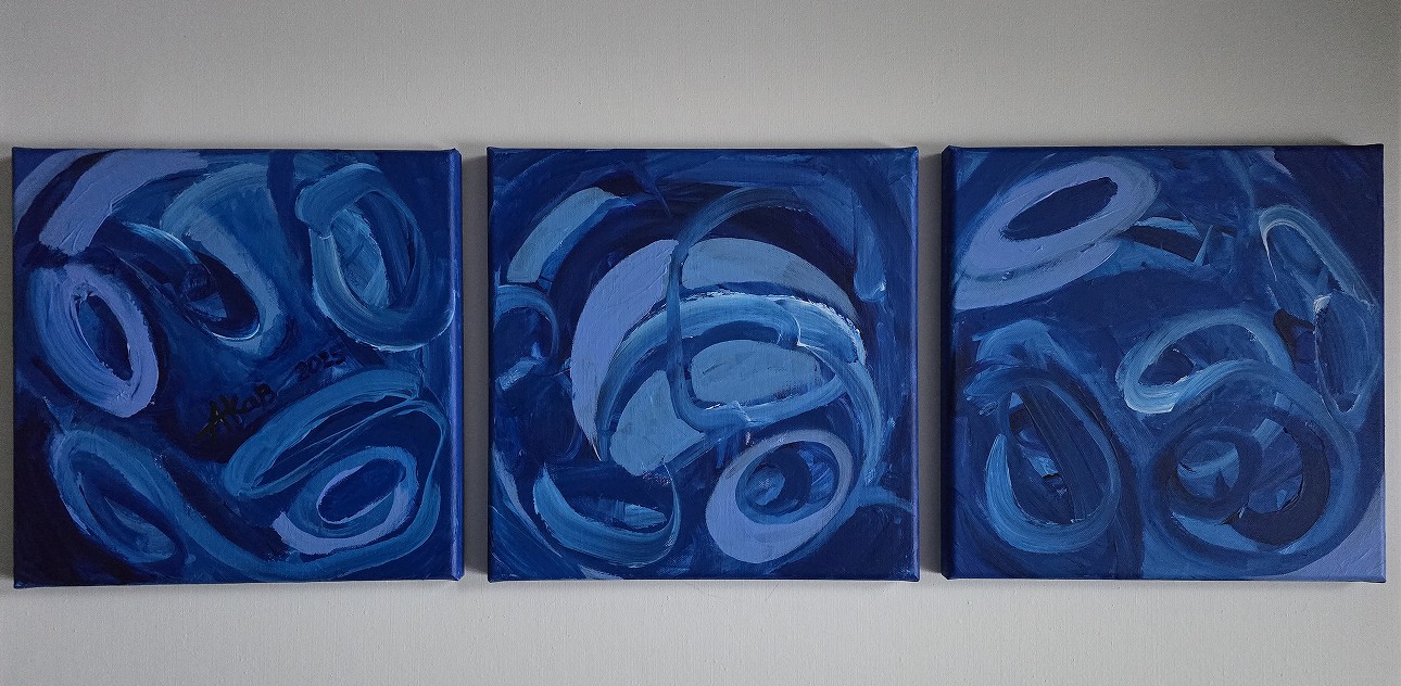 ANNA KABACIŃSKA-BANASZKIEWICZ 'PRZEWAGA BŁĘKITU, tryptyk' olej, płótno, akryl, 30x90cm