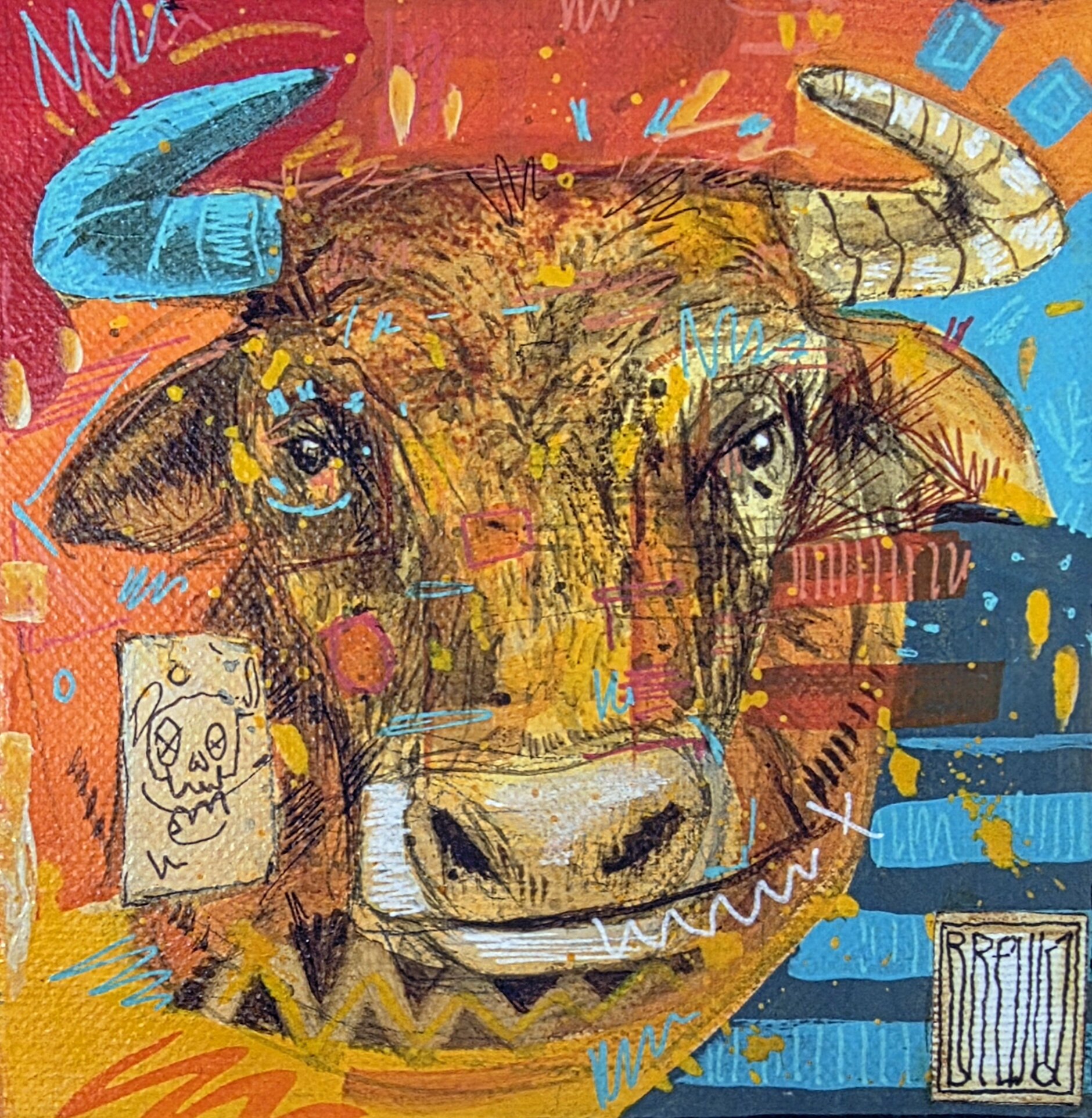 WOJCIECH BREWKA 'Byk' akryl, płótno, średnica 15x15cm