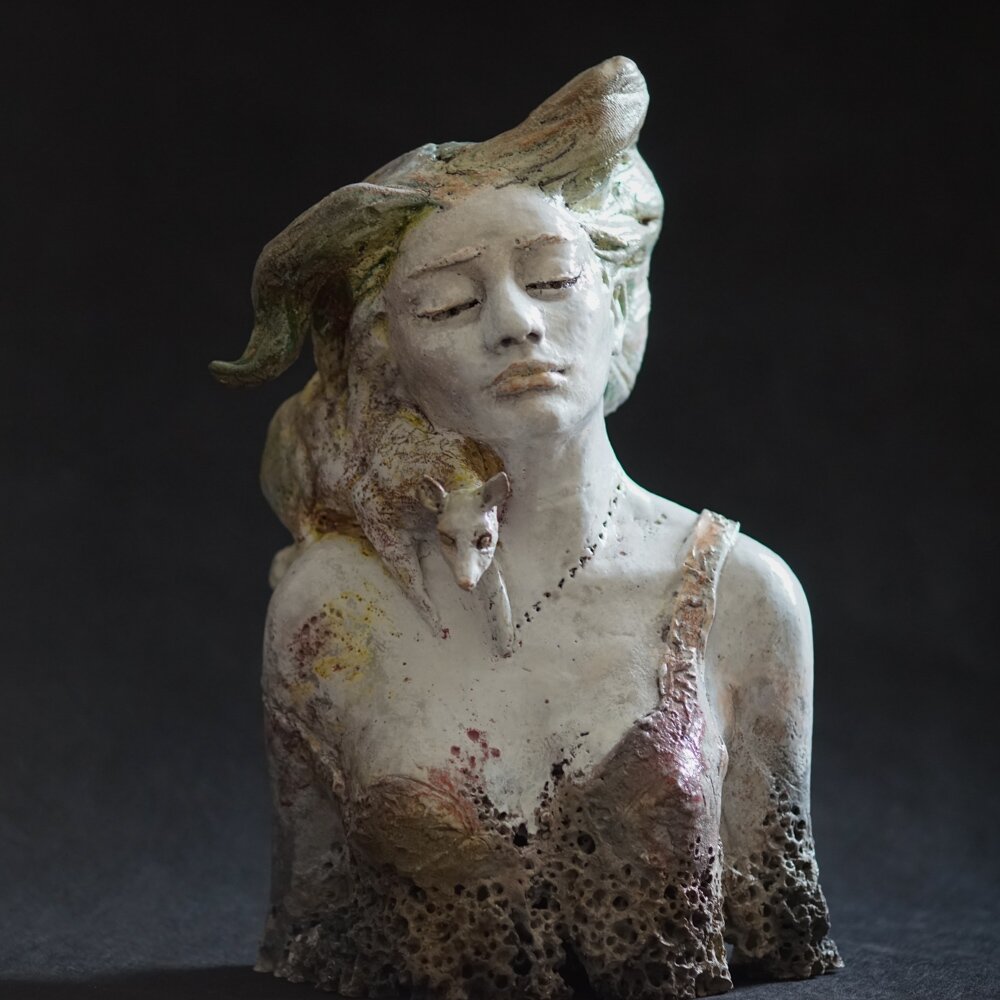 JOANNA BRUŹDZIŃSKA 'Symbioza', rzeźba ceramiczna szkliwiona, wypalona techniką RAKU, 55x35x30cm