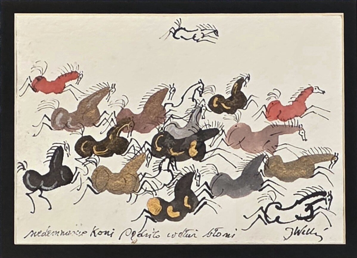 JÓZEF WILKOŃ '17 koni wzdłuż błoni', technika własna, papier czerpany, 15x21cm