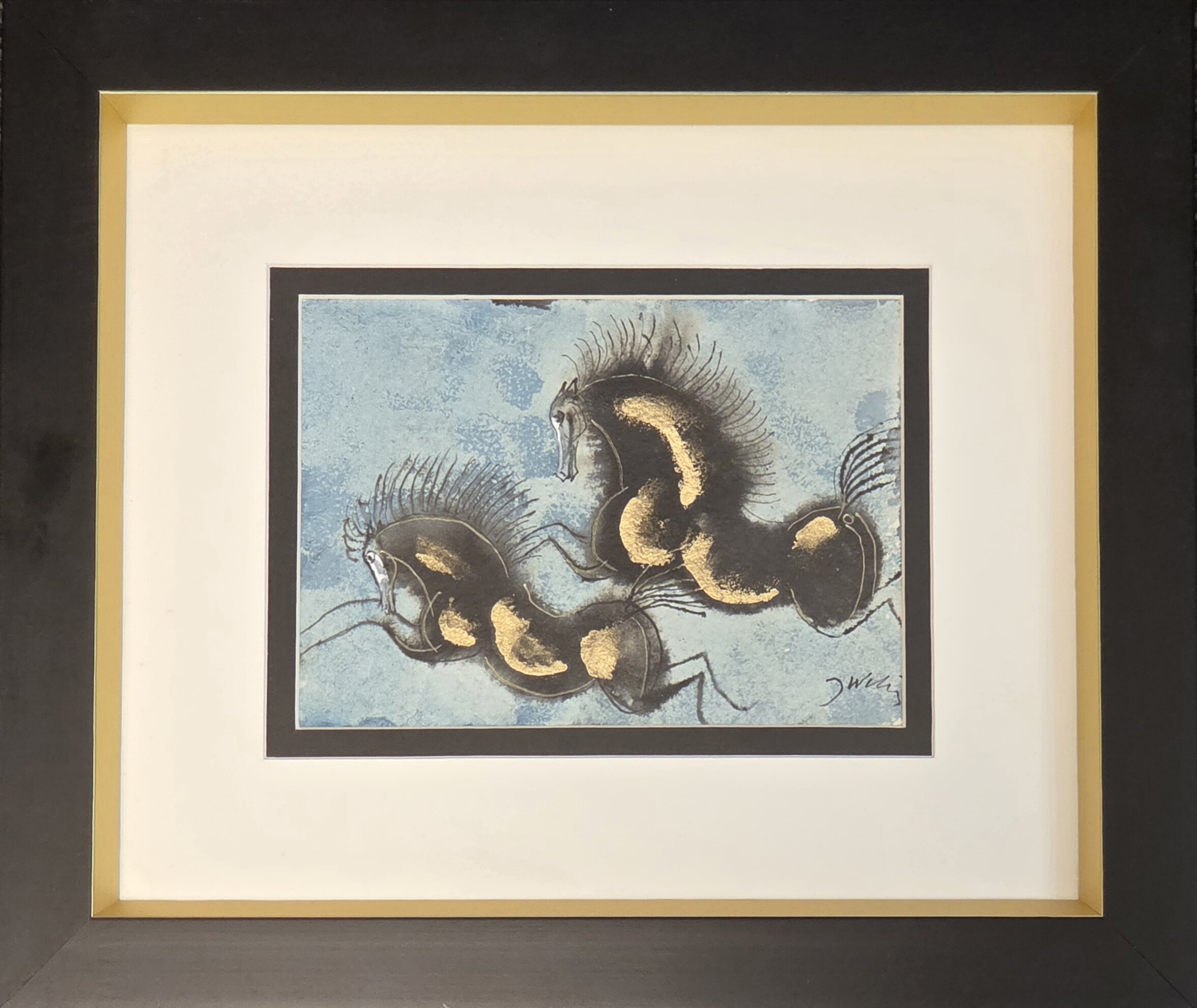 JÓZEF WILKOŃ 'Czarne rumaki', technika własna, papier czerpany, 15x21cm