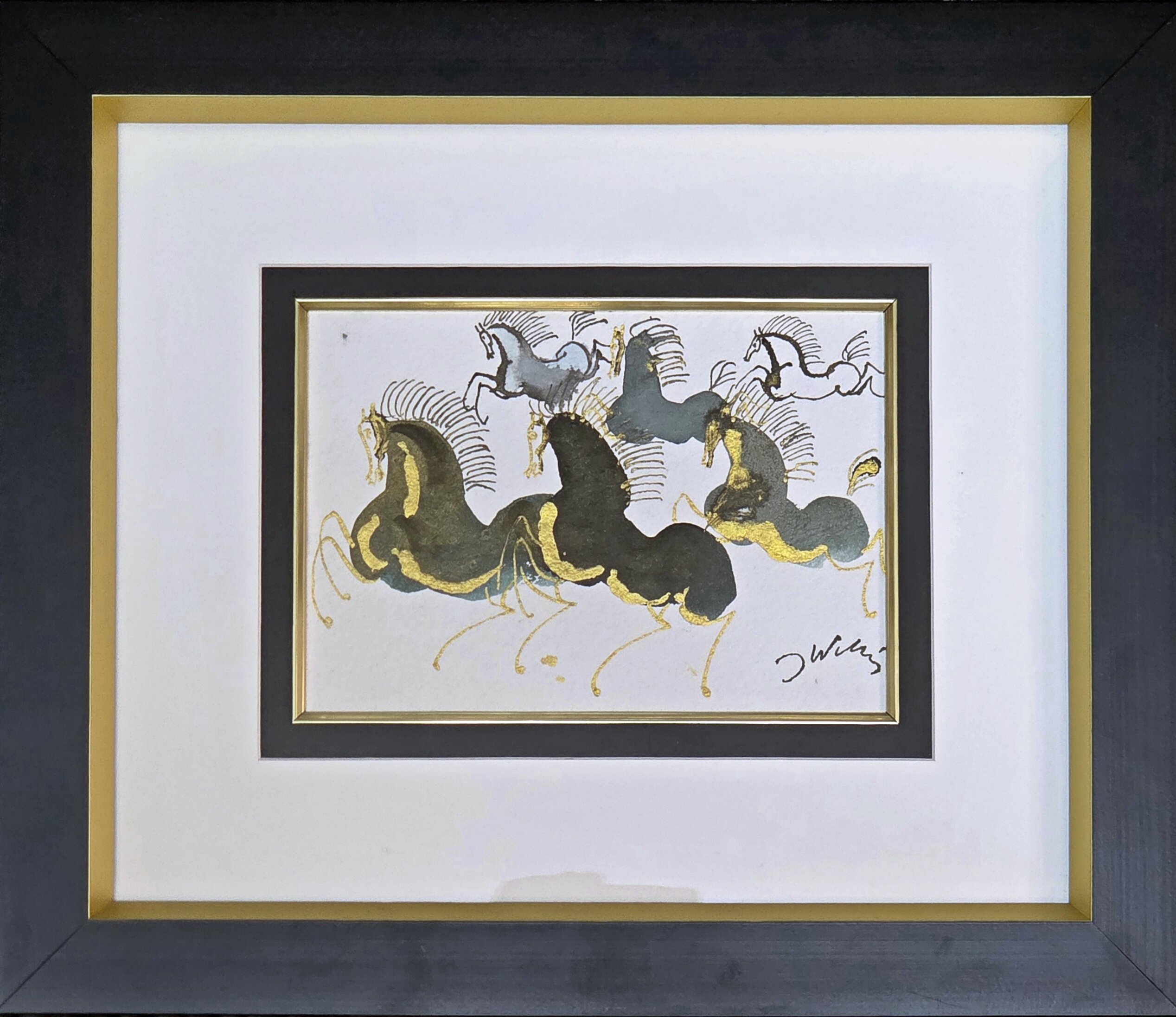 JÓZEF WILKOŃ 'Koniki, ach koniki', technika własna, papier czerpany, 15x21cm