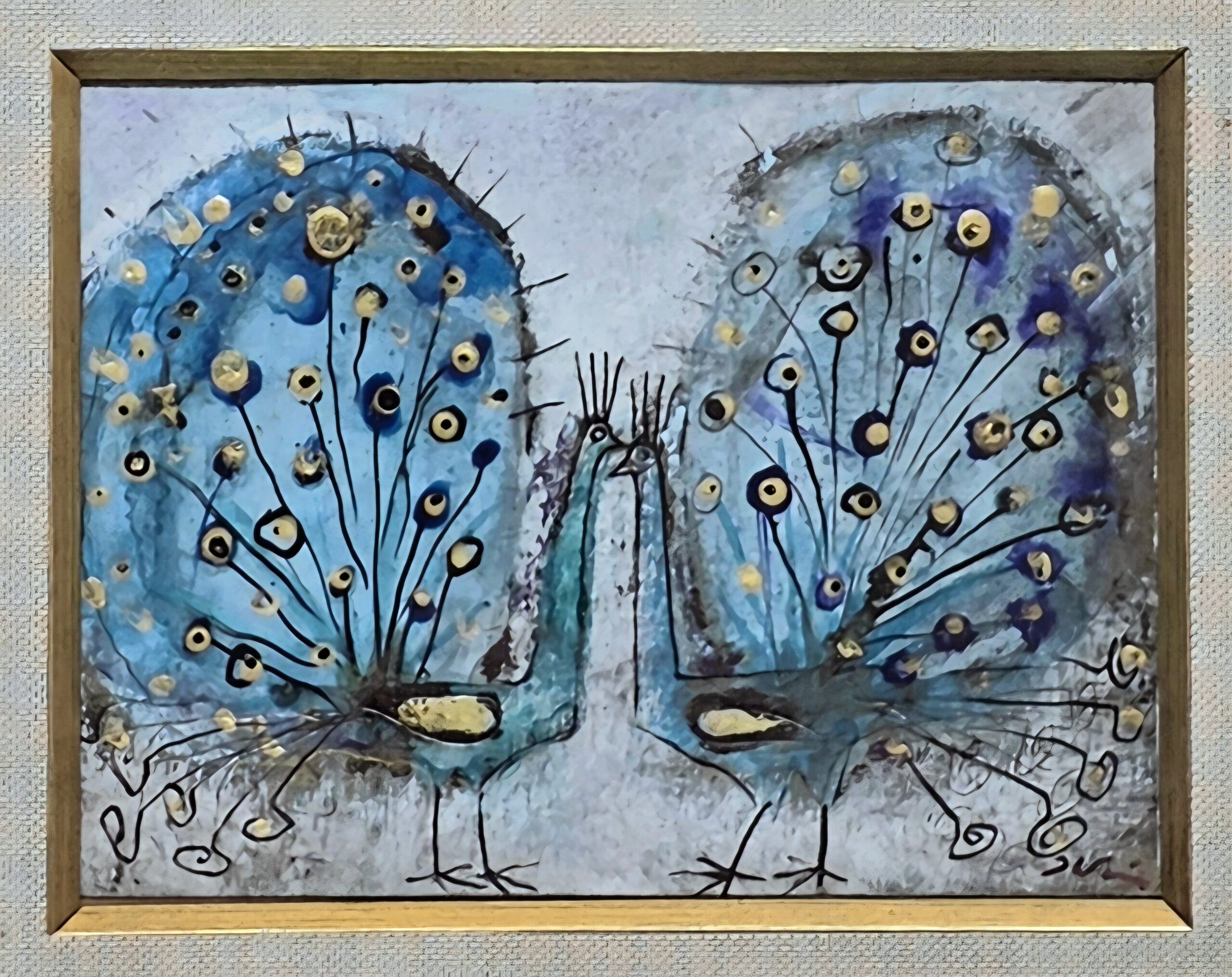 JÓZEF WILKOŃ 'Pawie dwa' technika własna, papier, 9x13cm - Rezerwacja