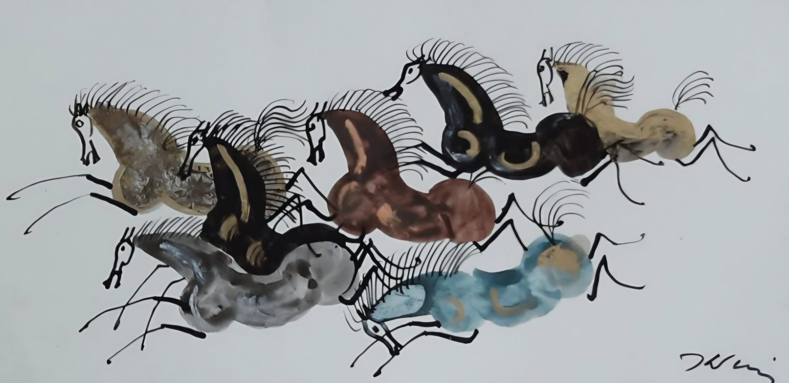 JÓZEF WILKOŃ 'Tabun Arabów' technika własna, papier, 10x20cm