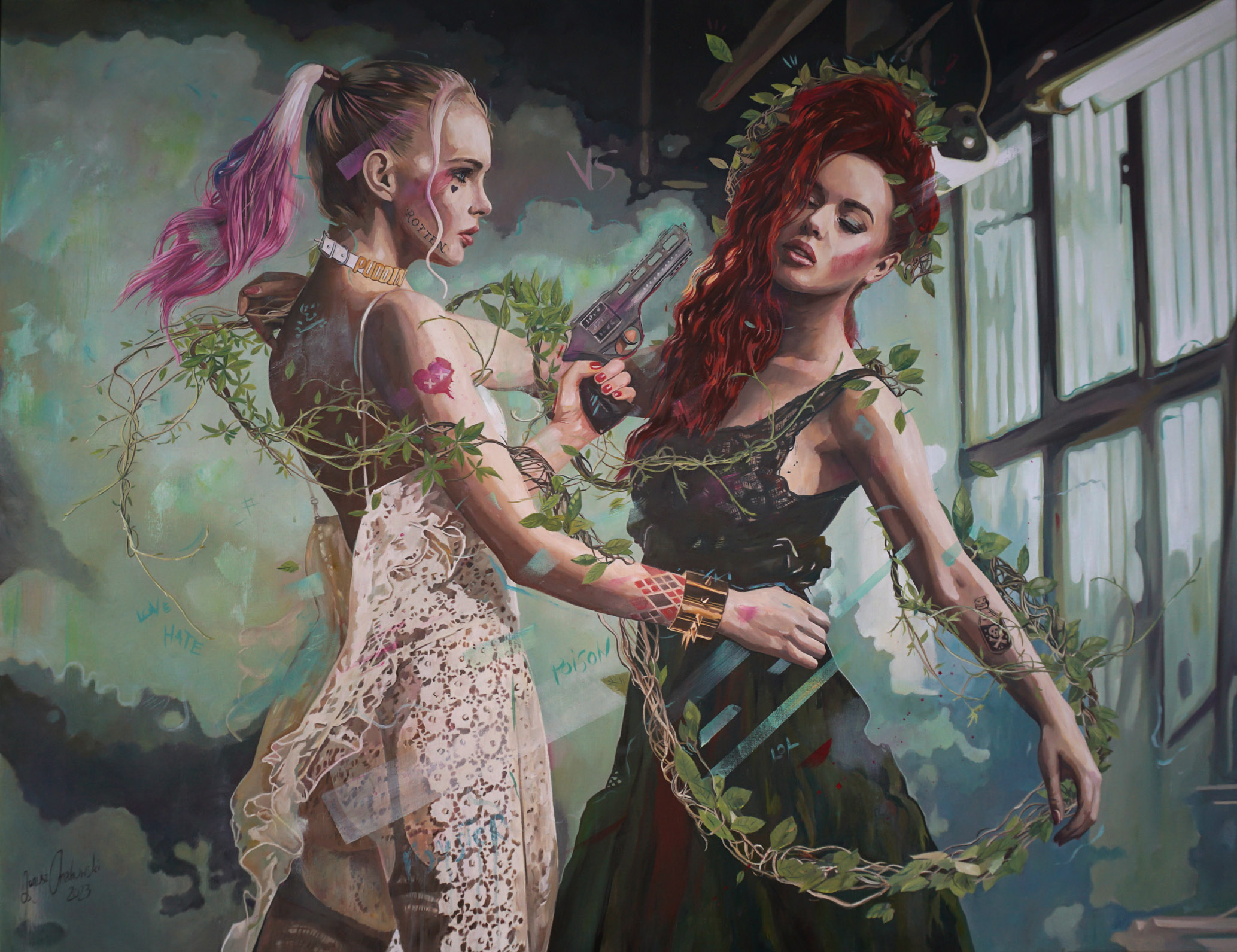 JANUSZ ORZECHOWSKI 'Harley Quinn Vs Poison Ivy', olej, płótno, 100x130cm