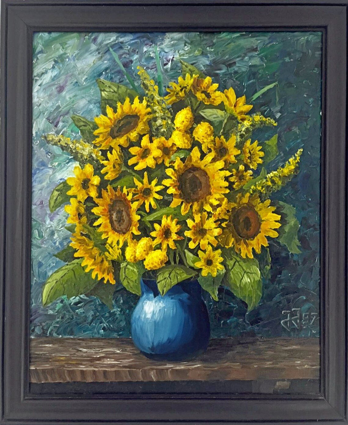 JAROSŁAW JAŚNIKOWSKI 'Słoneczniki w błękitnym wazonie' 1997, olej, płótno 55x46cm