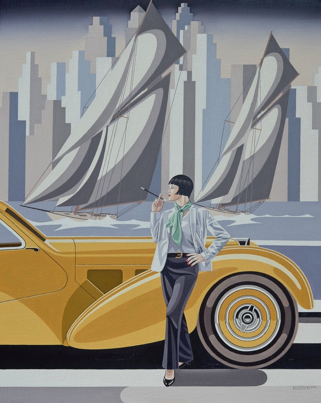 TOMASZ KOSTECKI, 'Kobieta i żółte Bugatti', olej na płótnie, 50x40cm