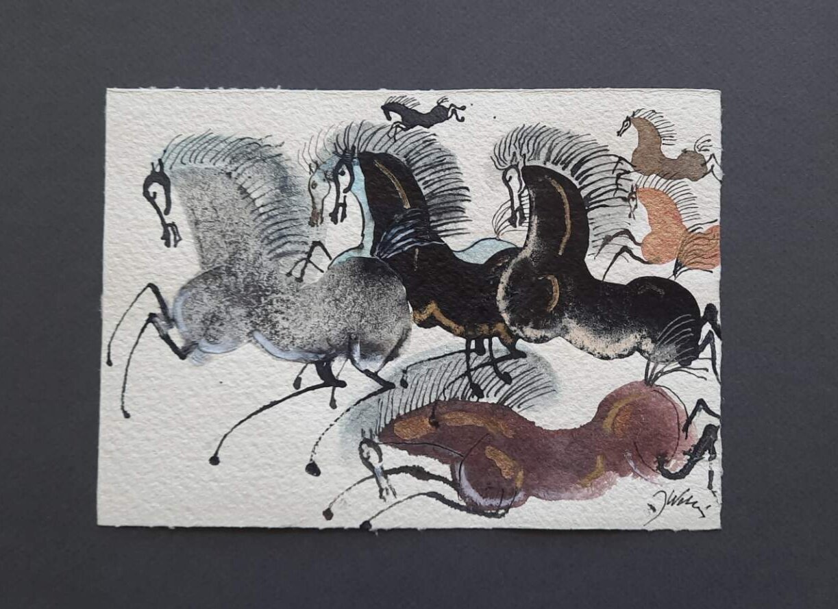 JÓZEF WILKOŃ 'Szalony tabun', technika własna, papier czerpany, 15x21cm