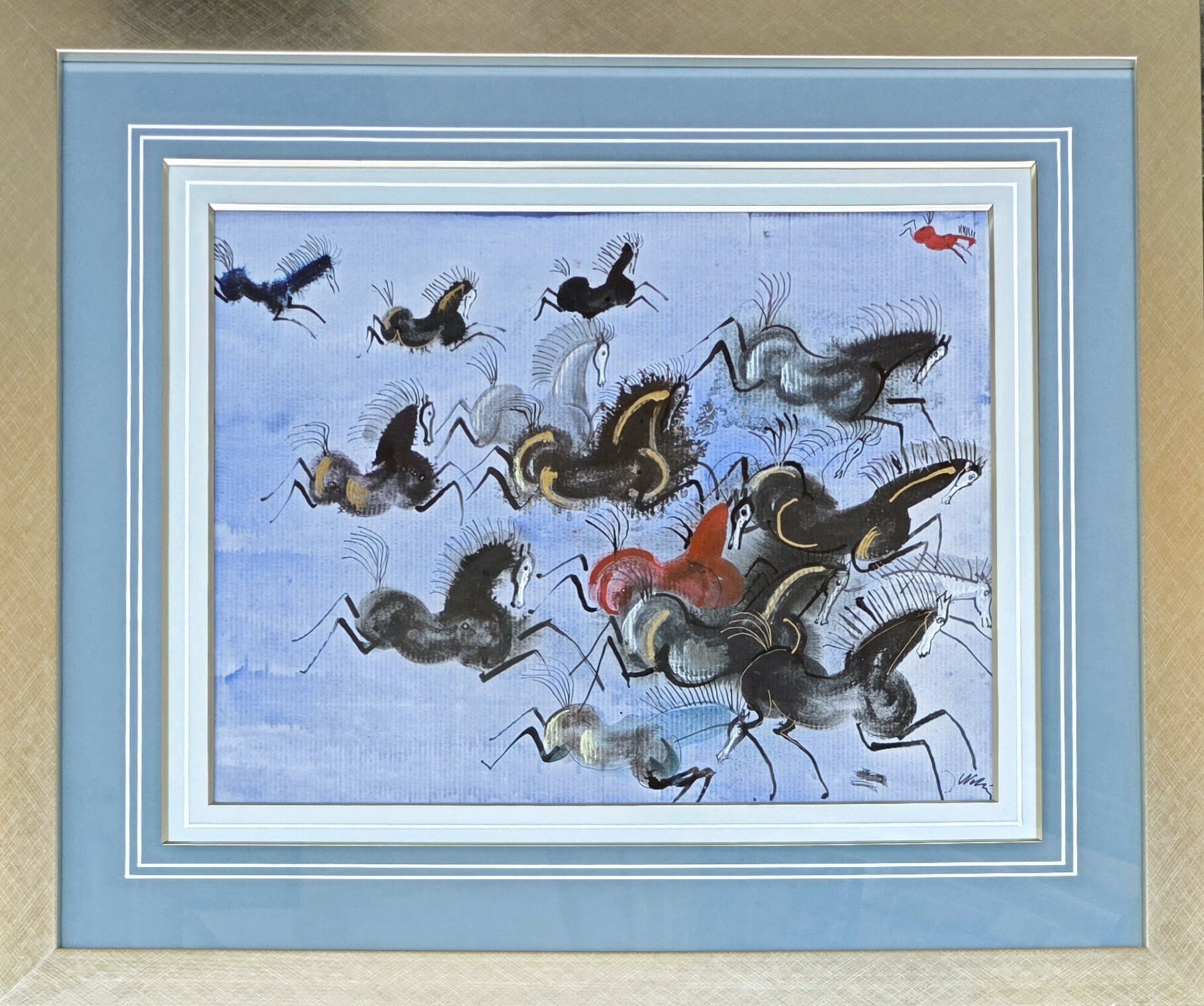 JÓZEF WILKOŃ 'Konie w galopie', technika własna, karton, 48x57cm