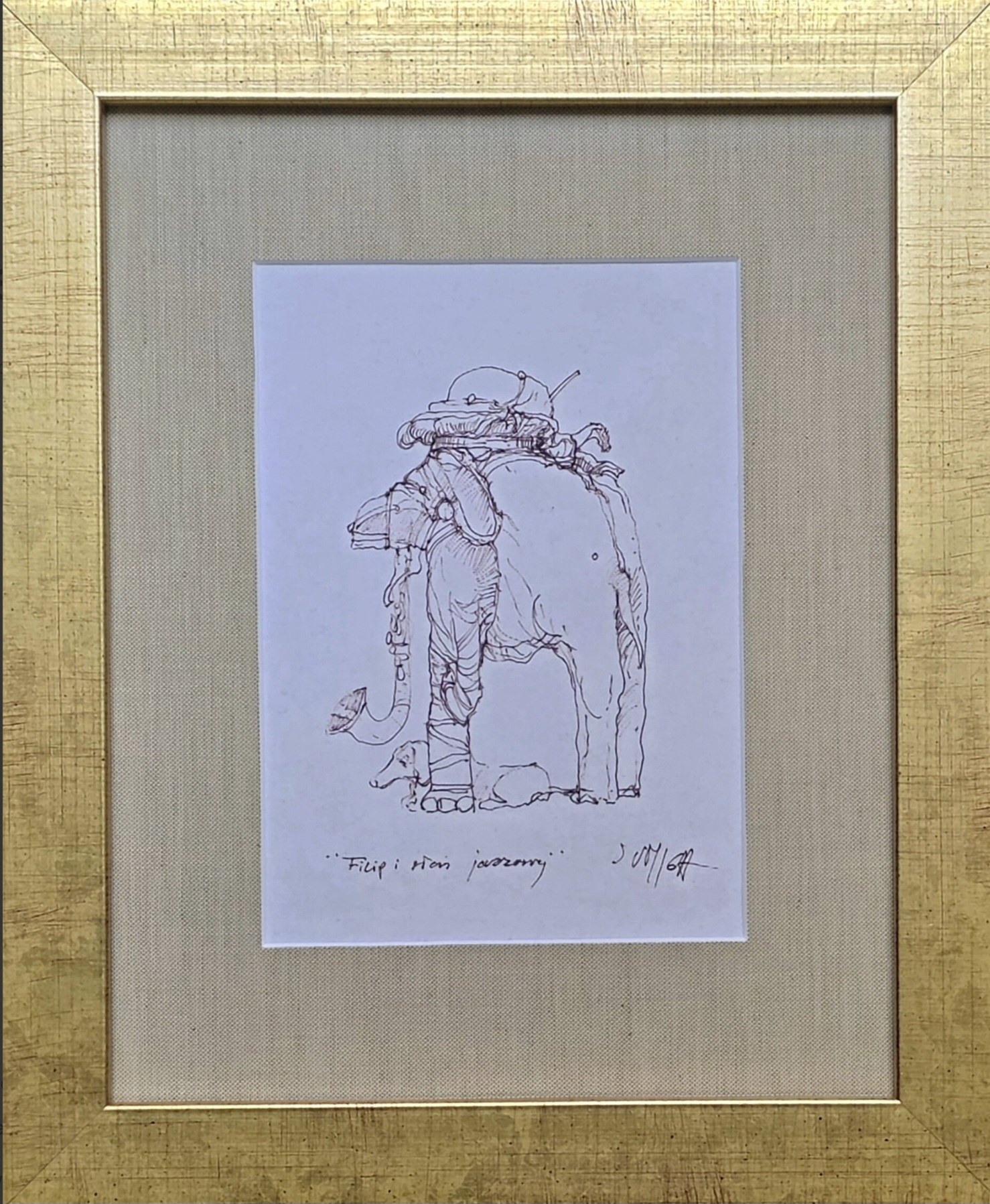 JAN SUMIGA, 'Filip i słoń jazzowy', tusz, papier, 20,5x14,5cm