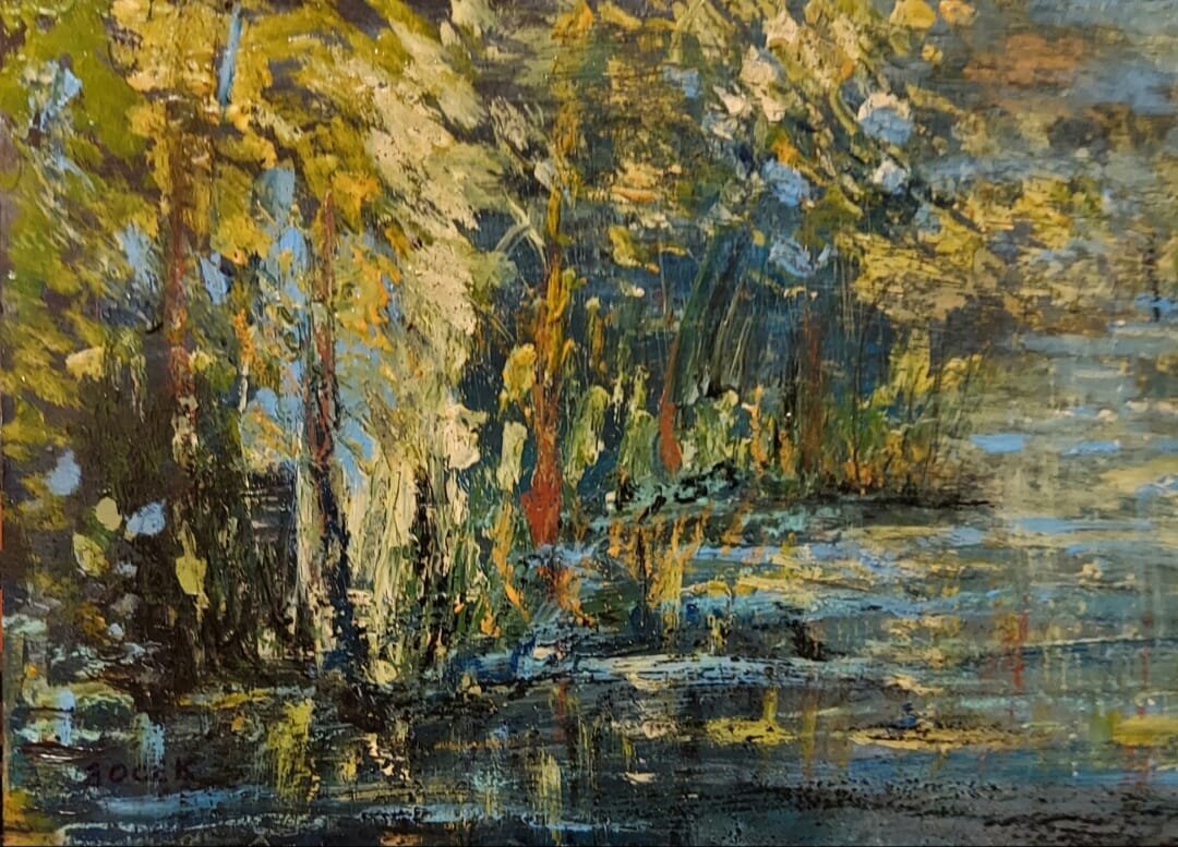 KRZYSZTOF GOCEK 'Szuwary', olej, akryl, płyta, 15x21cm