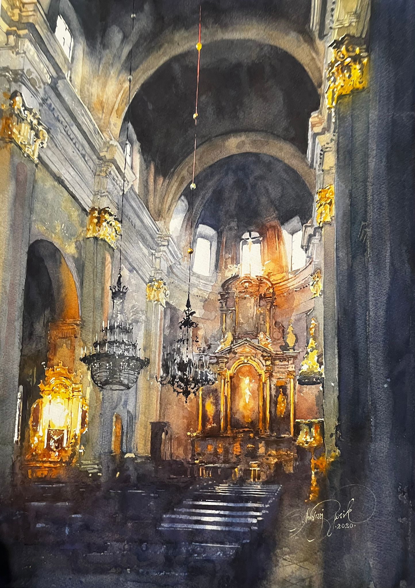ANDRZEJ GROSIK 'Wnętrze Kościoła', akwarela, papier, 72x52cm
