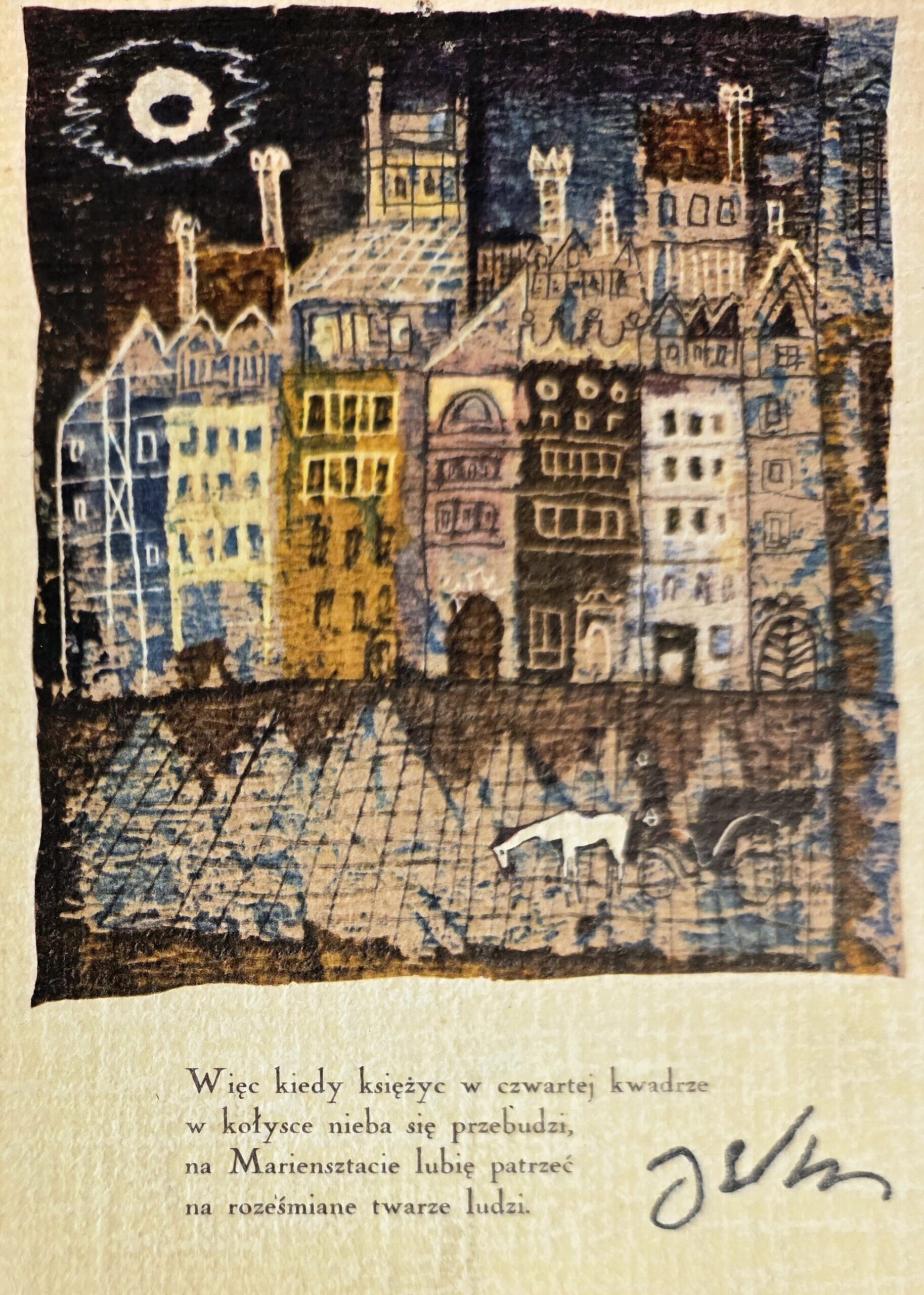JÓZEF WILKOŃ 'Mariensztackie szaleństwo K. I. Gałczyńskiego', Pocztówka (sygnowana przez artystę) Wyd: Ruch rok 1966