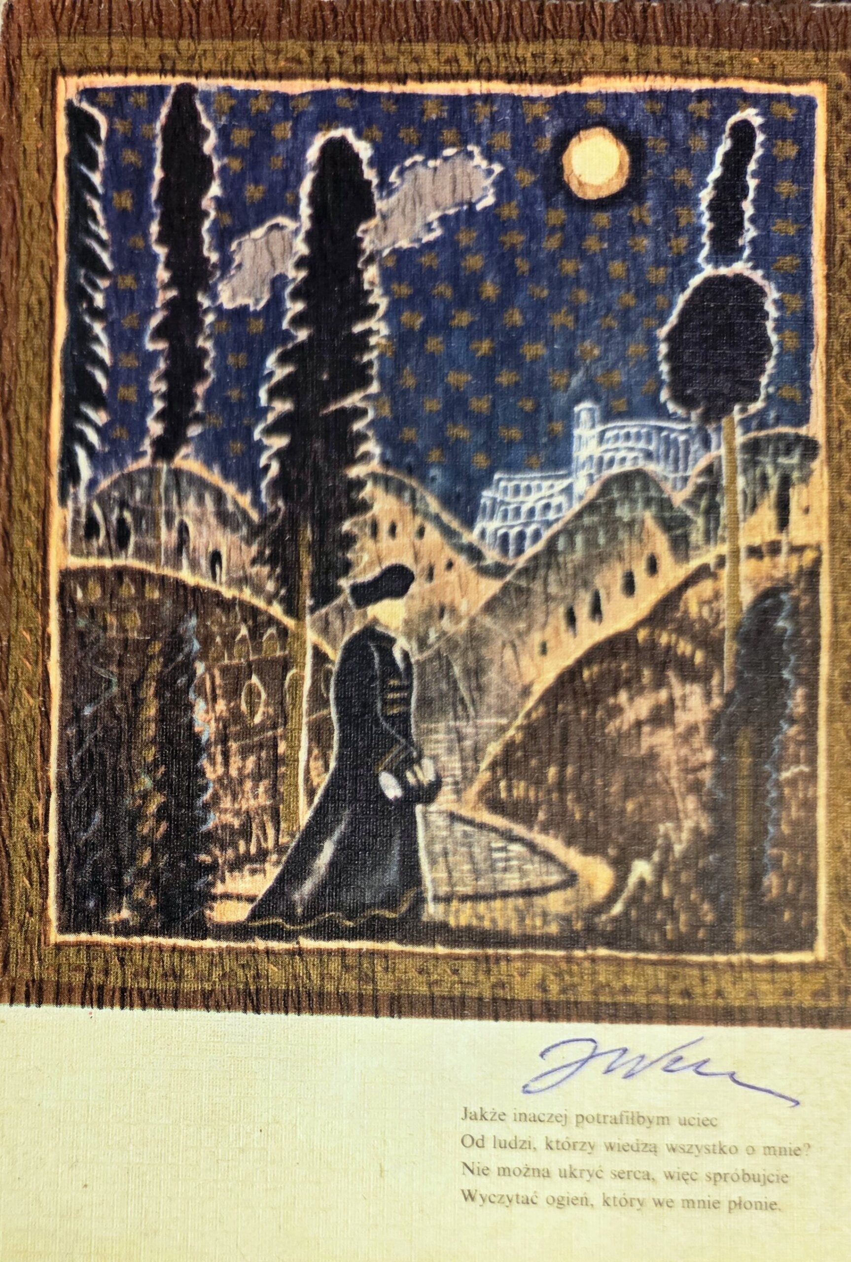 JÓZEF WILKOŃ 'Sonet SOLO E.PENSOSO Francesco Petrarca', Pocztówka (sygnowana przez artystę) Wyd: Ruch rok 1971