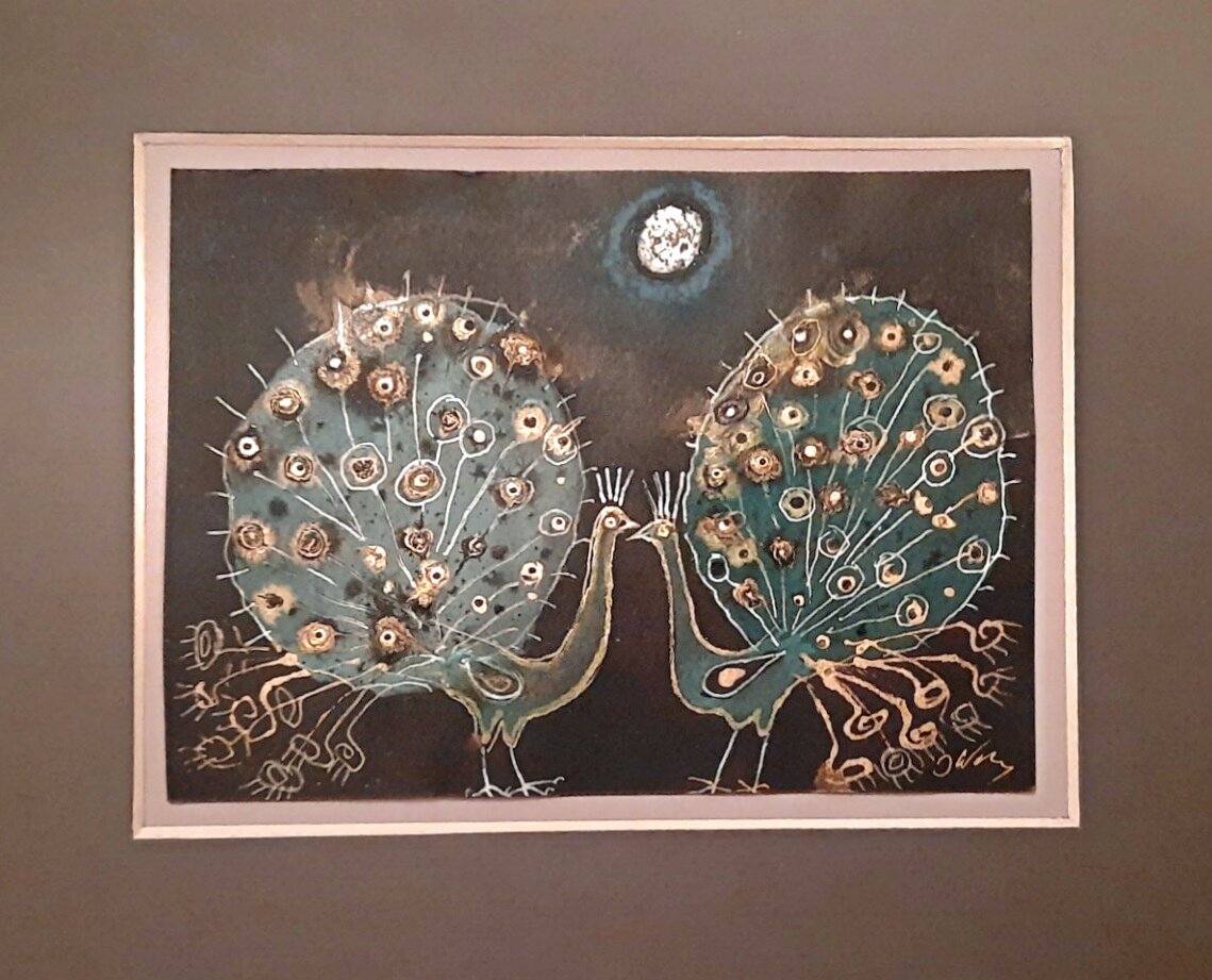 JÓZEF WILKOŃ 'Pawie nocą' technika własna, 13x18cm