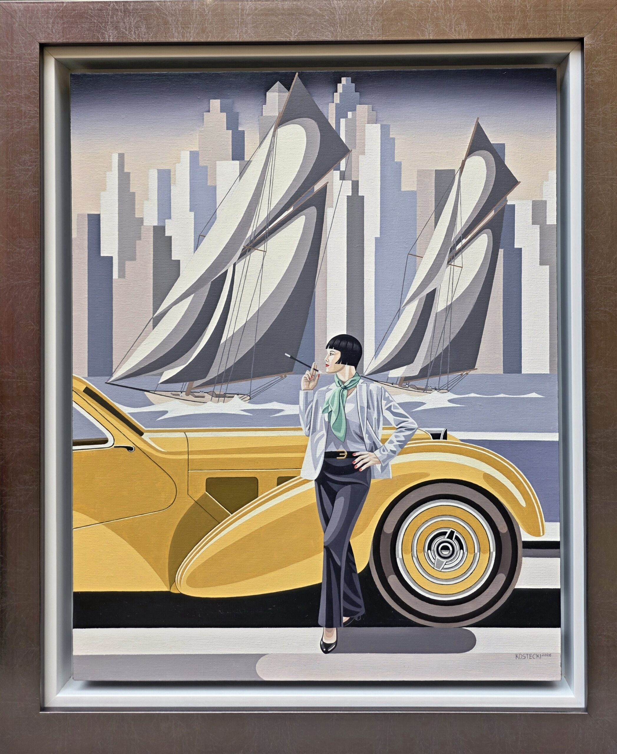 TOMASZ KOSTECKI, 'Kobieta i żółte Bugatti', olej na płótnie, 50x40cm