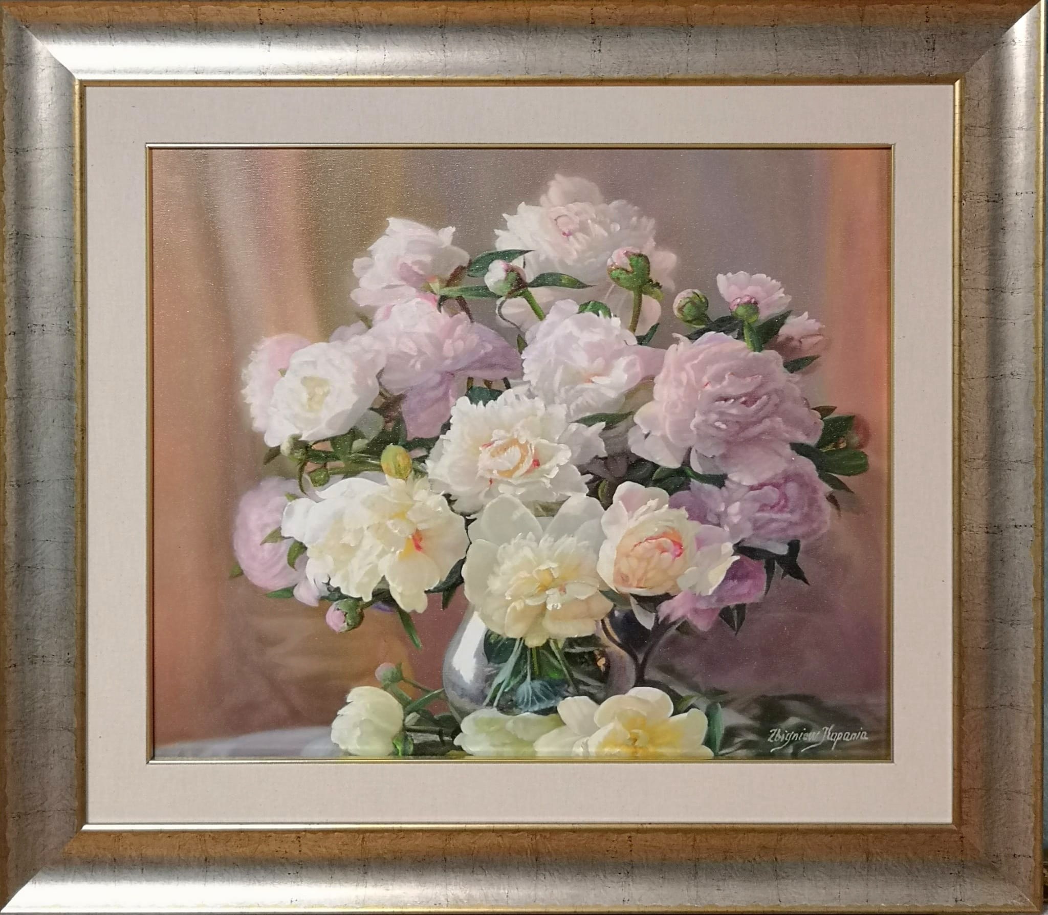 ZBIGNIEW KOPANIA 'Peonie białe i różowe' olej, płótno, 50x60cm