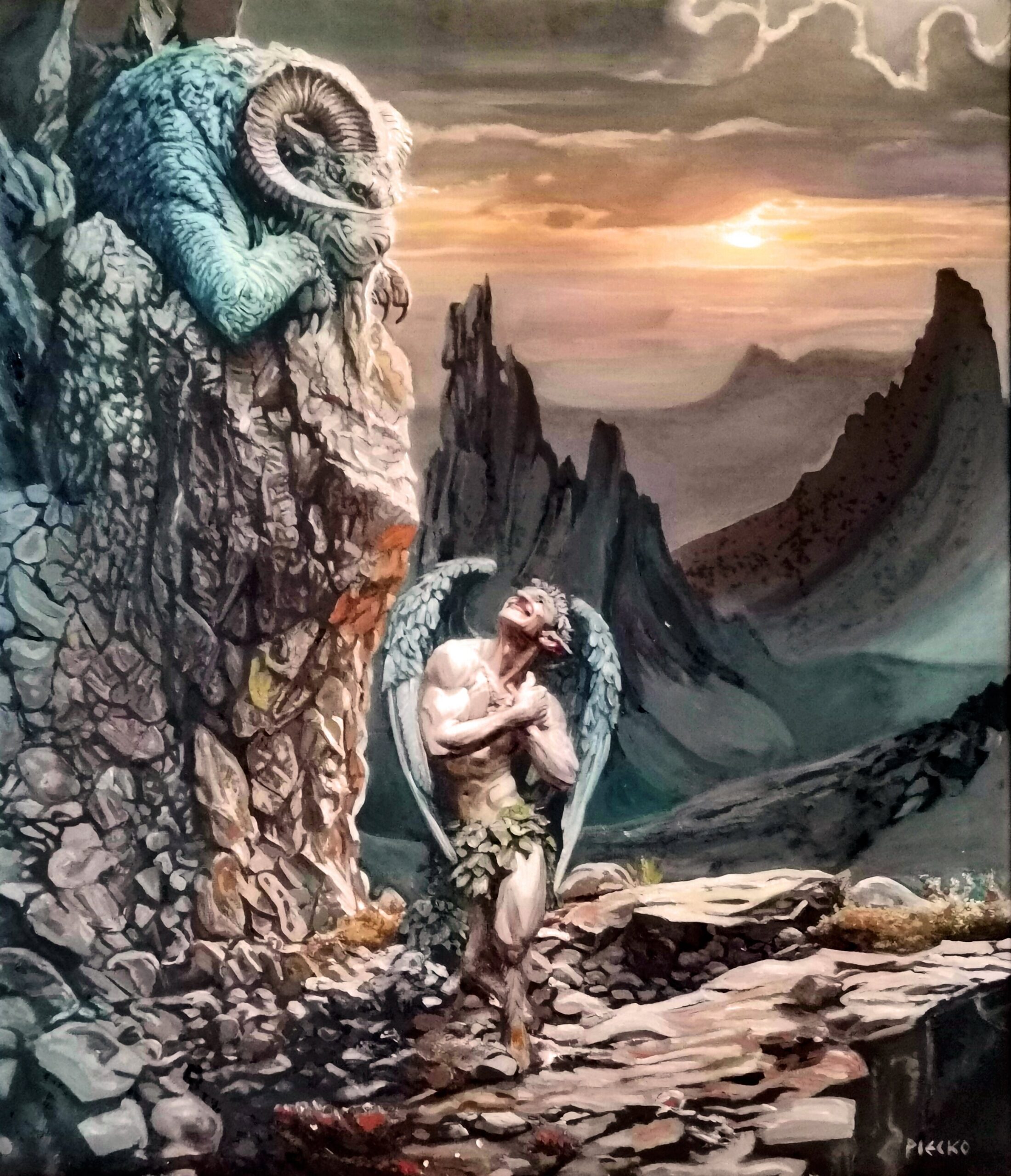 PIOTR PIECKO 'Zaloty Fauna' olej, płótno, 61x54cm