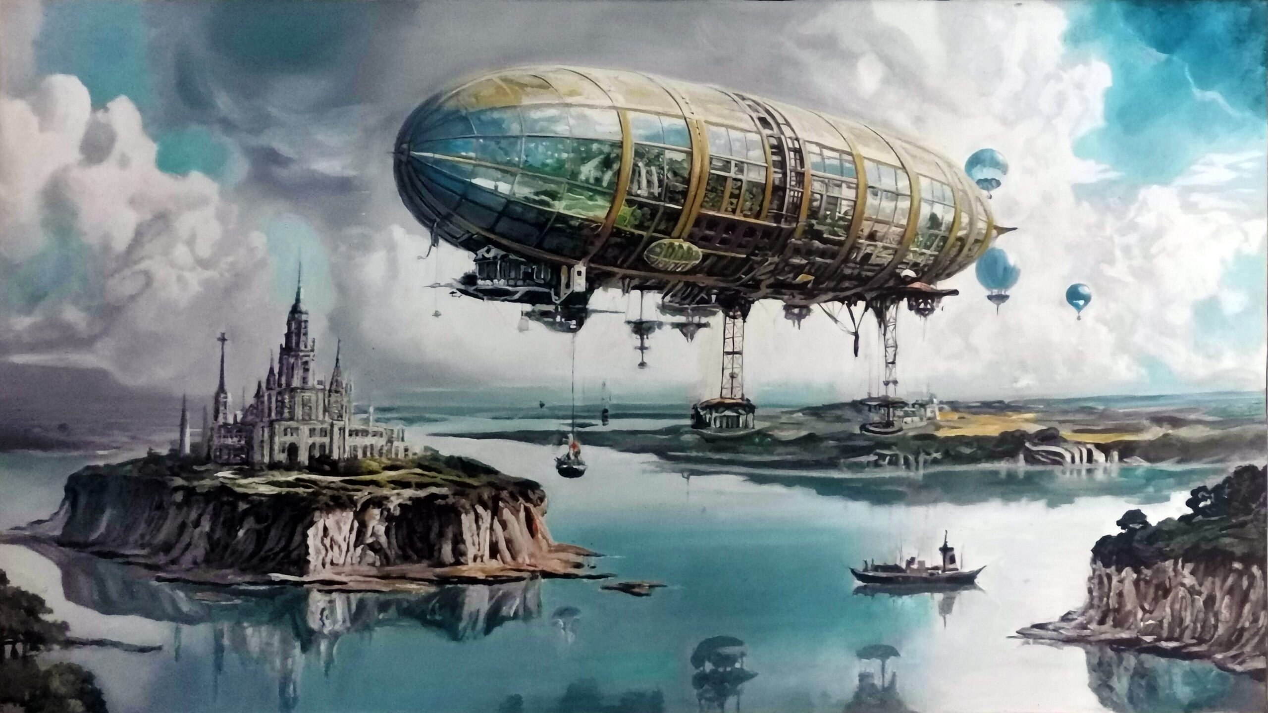 PIOTR PIECKO 'Podniebni odkrywcy' akryl, płótno, 45x80cm