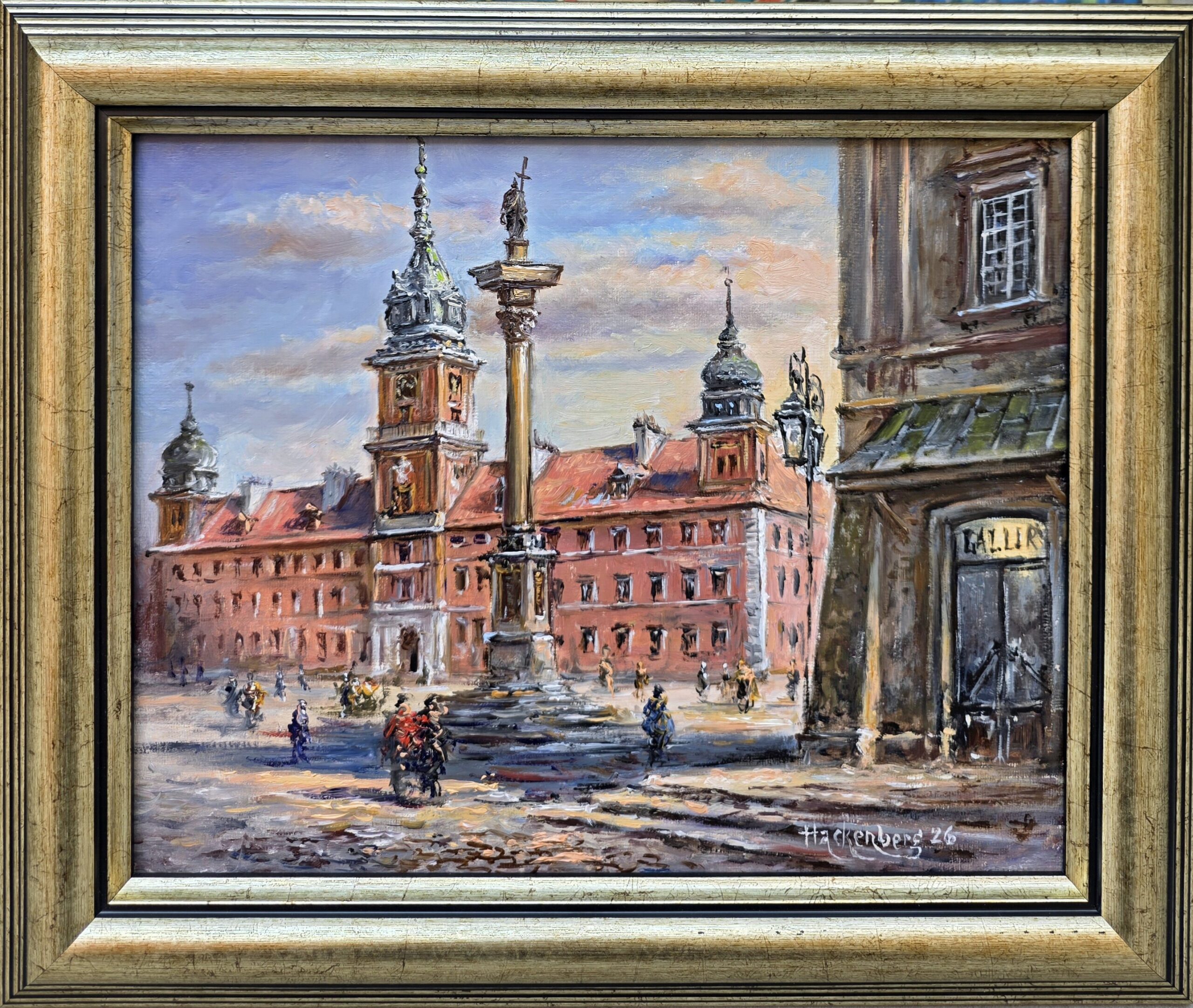 WITOLD HACKENBERG 'Warszawa Widok na Plac Zamkowy od ul. Sentorskiej', olej, płótno, 24x30cm