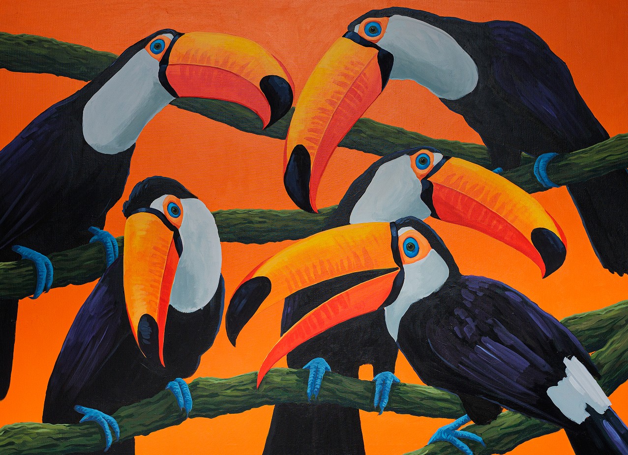 JĘDRZEJ JAROCKI, 'Tukany' akryl, płótno, 150x110cm