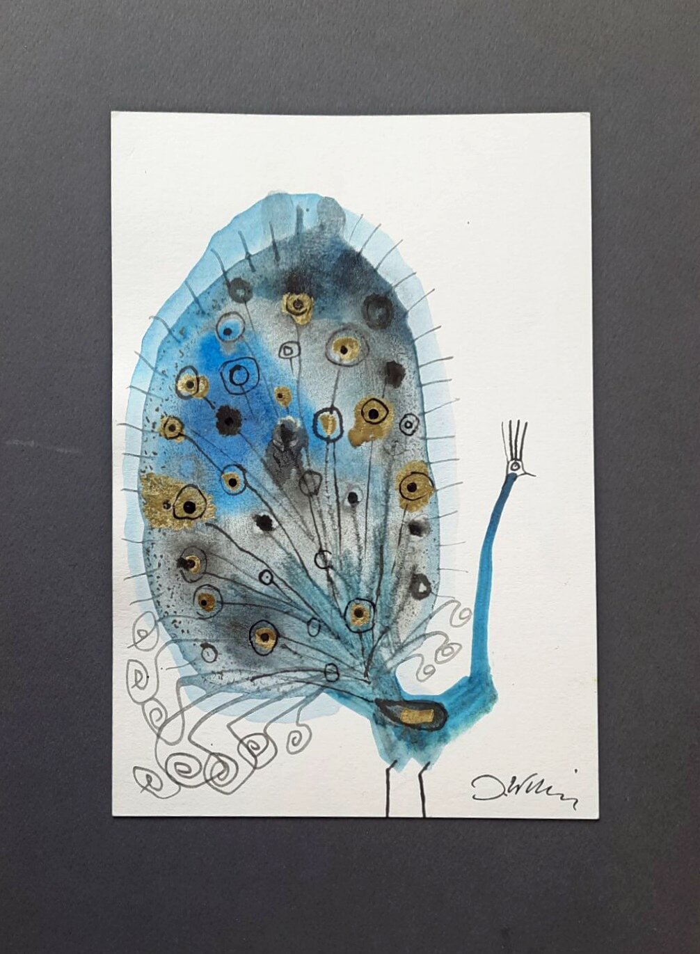 JÓZEF WILKOŃ 'Paw w błękitach' technika własna, 23x16cm