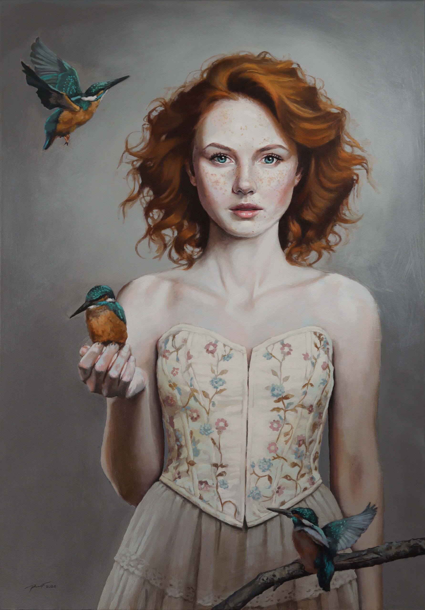 PAWEŁ KARDIS 'Panna z zimorodkami', akryl, płótno, 100x70cm