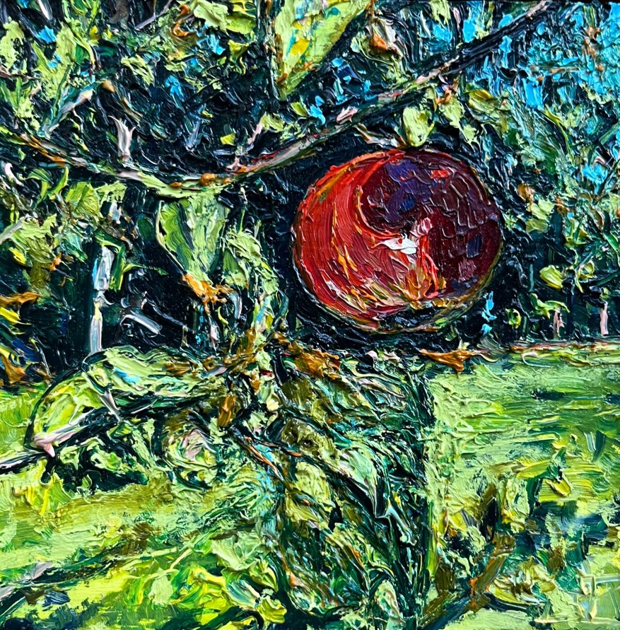 KRZYSZTOF KARGOL 'Pejzaż z jabłkiem' olej, płótno, 15x15cm