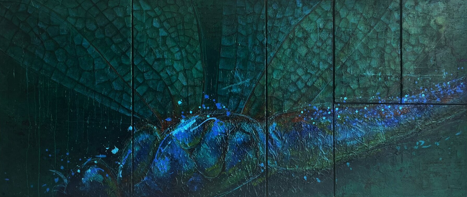 RENATA MASŁYK, 'Ważka' Kompozycja monumentalna (dyptyk rozszerzony – 6 modułów), 150x350cm