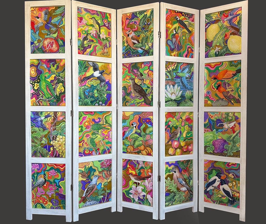 KAMILA WOJCIECHOWICZ-KRAUZE Parawan 'Ptasie Radio' drewniany parawan, panele, rysunek, grafika, technika mieszana, 165x175cm