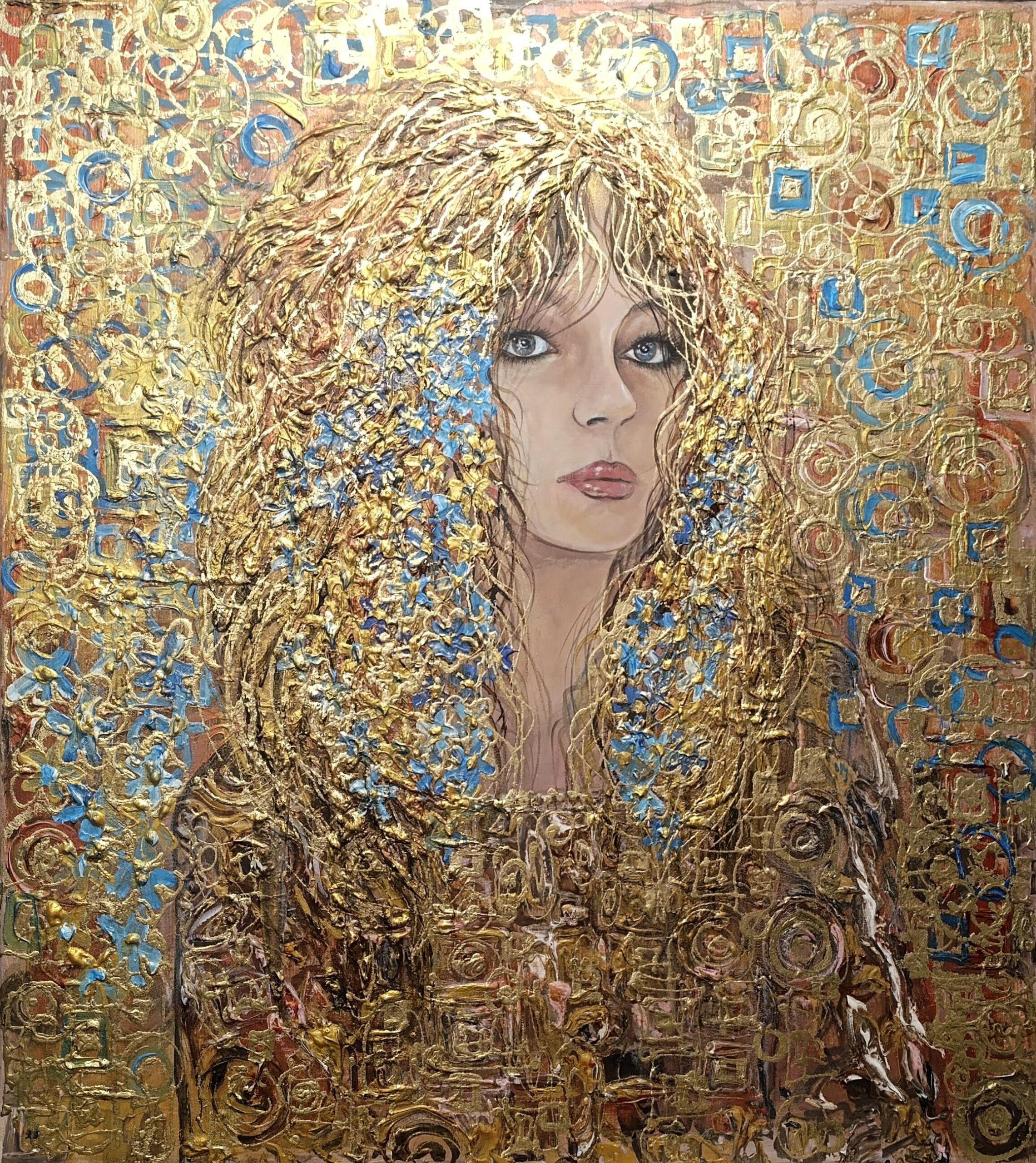 MARIOLA ŚWIGULSKA 'Zanurzona w złocie i błękicie niezapominajek' akryl, płótno, 80x80cm (Kopia)