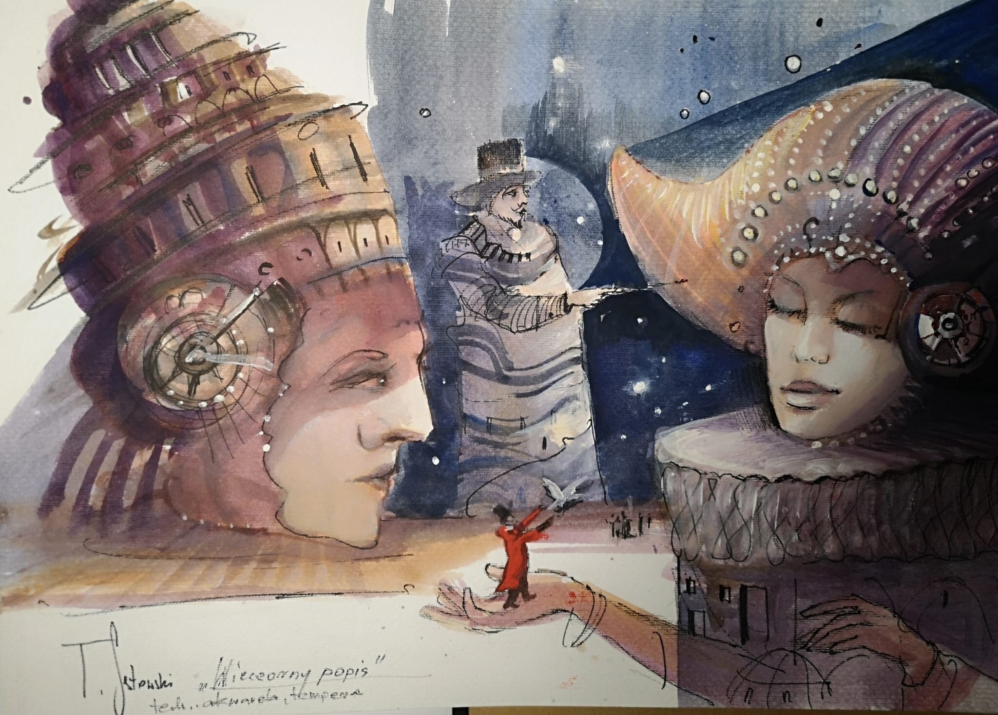TOMASZ SĘTOWSKI 'Wieczorny popis' akwarela, tempera, 45 x 32,5 cm