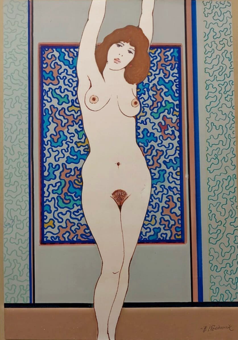 HENRYK PŁÓCIENNIK 'Akt', akwarela, tusz, flamaster, papier, 44,5x30,5cm