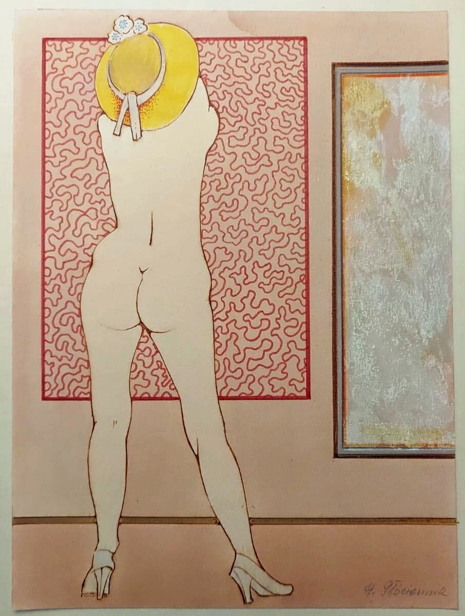 HENRYK PŁÓCIENNIK 'Akt tyłem' duży format, akwarela, tusz, flamaster, papier, 37,5 x 27,5 cm