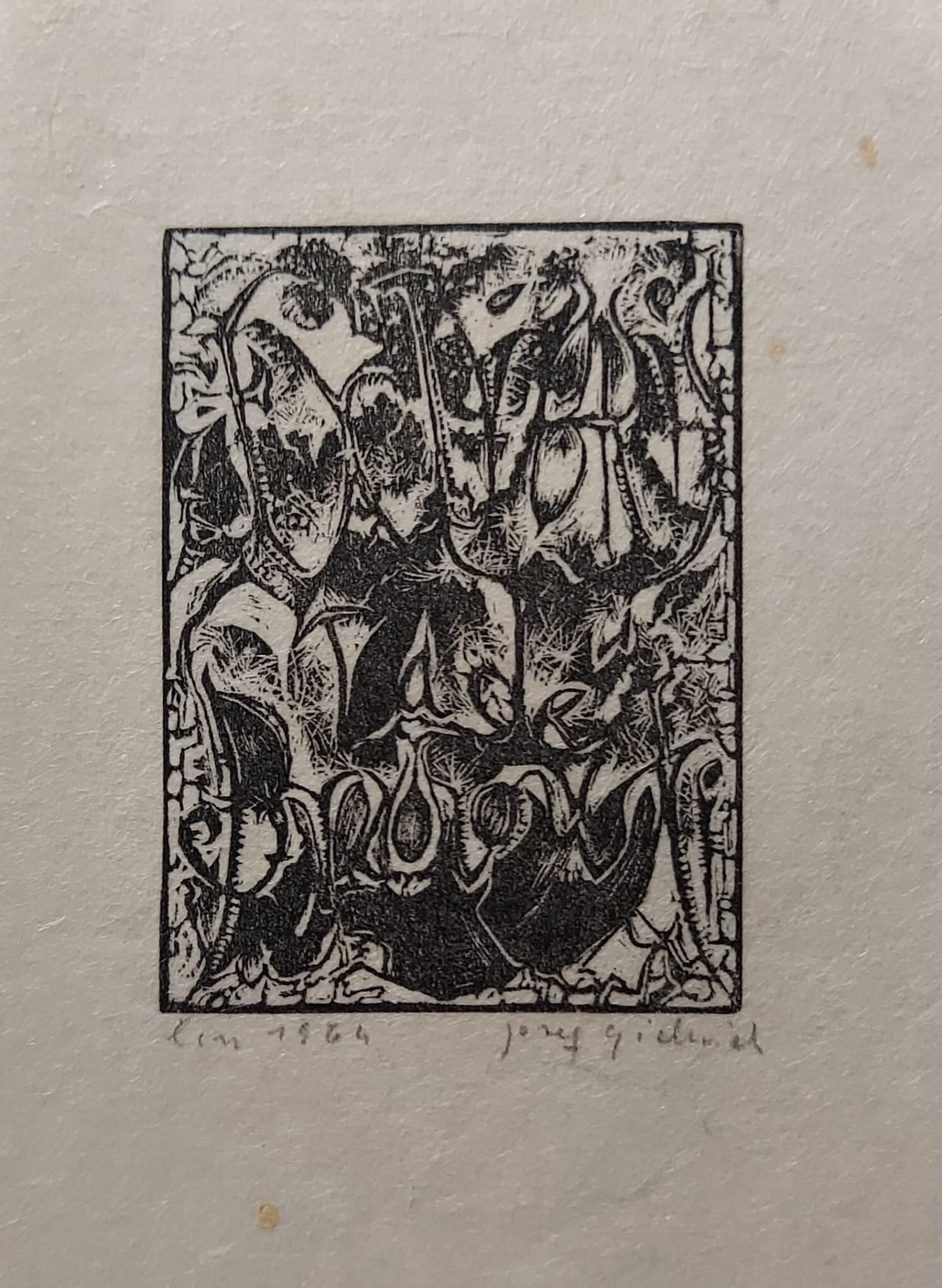 JÓZEF GIELNIAK 'Ekslibris Tadeusza Brzozowskiego' 1964 rok,  linoryt, bibułka, 5,1x3,7cm