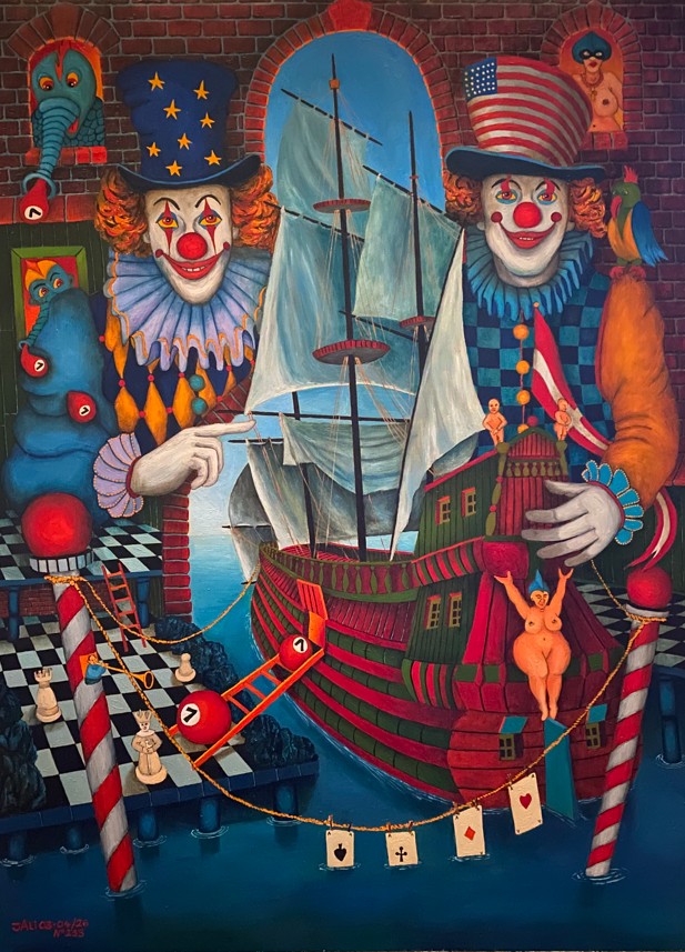 JACEK LIPOWCZAN 'Przez ucho igielne...', olej, deska, 75x55cm