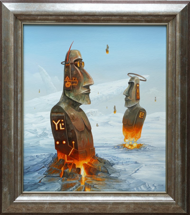 JAROSŁAW JAŚNIKOWSKI 'Moai ognia i lodu' olej, płótno 70x60cm