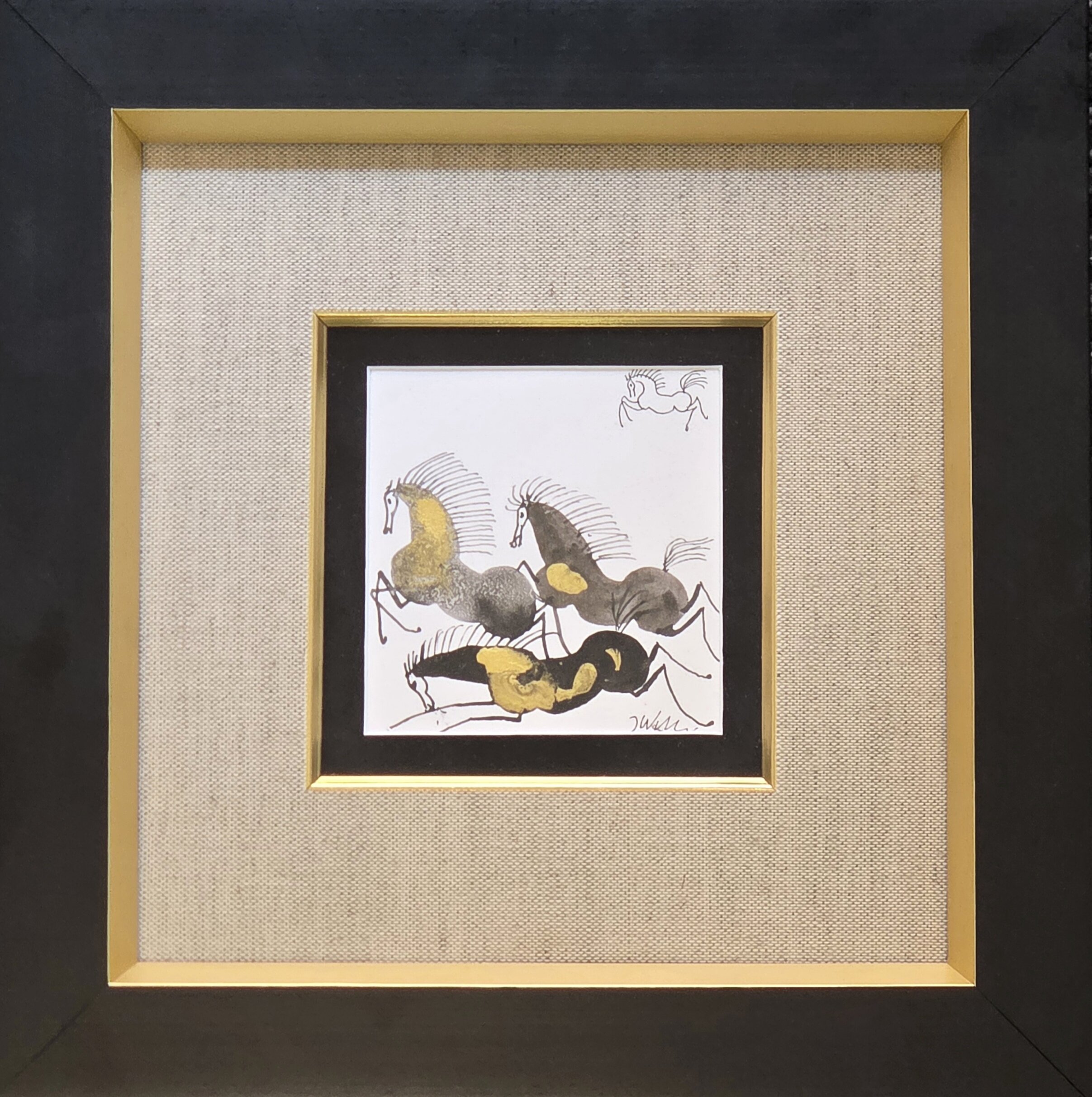 JÓZEF WILKOŃ 'Koniki i berek', technika własna, 10,5x10cm