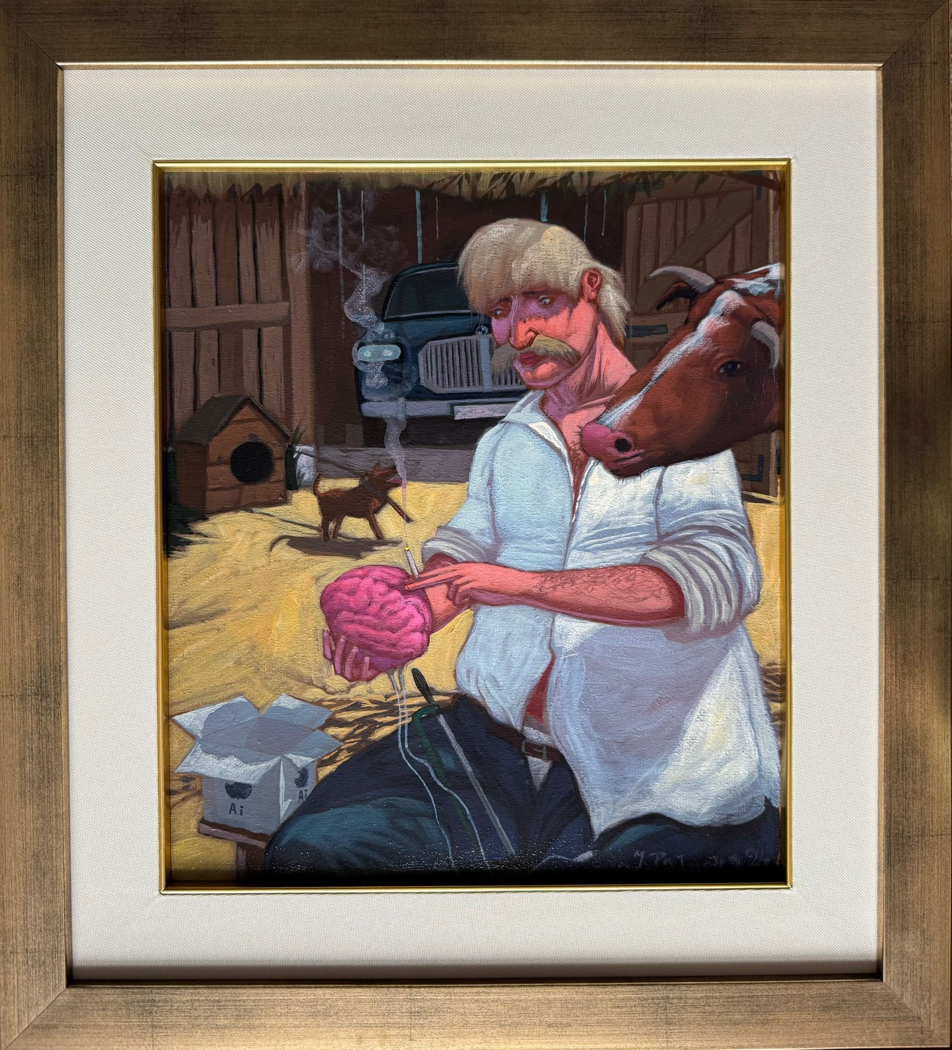 JACEK PAŁUCHA 'Jak Antek Boryna wykorzysta świeżo zakupioną sztuczną inteligencję?' olej, płótno 38x33cm